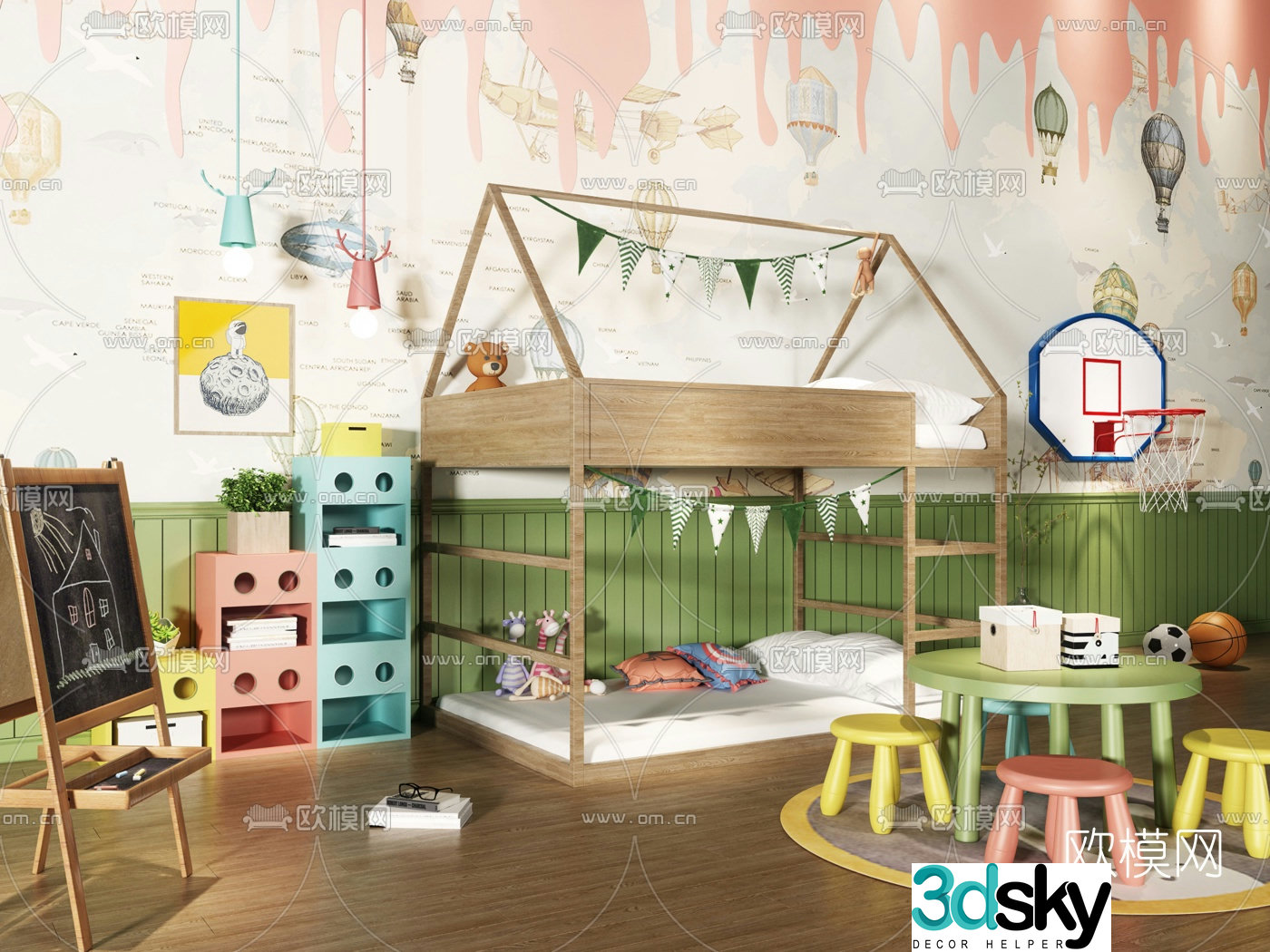 Nordic children’s bed children’s table and chair 3d model