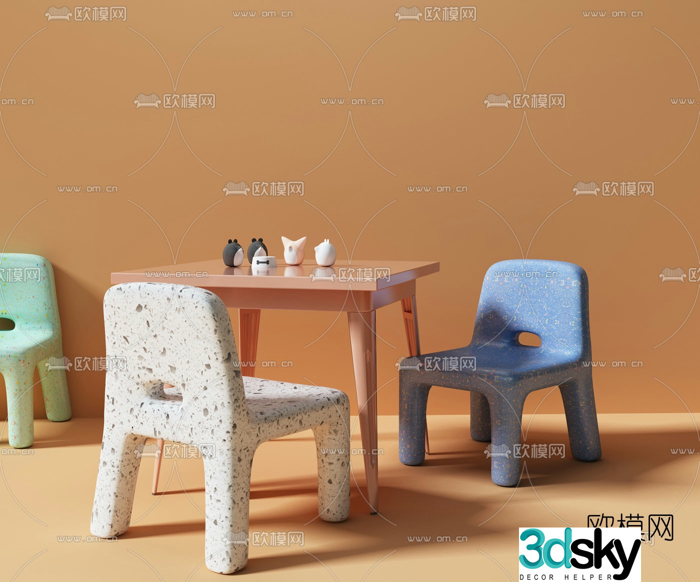 Modern sugar square children’s table and chairs 3D model