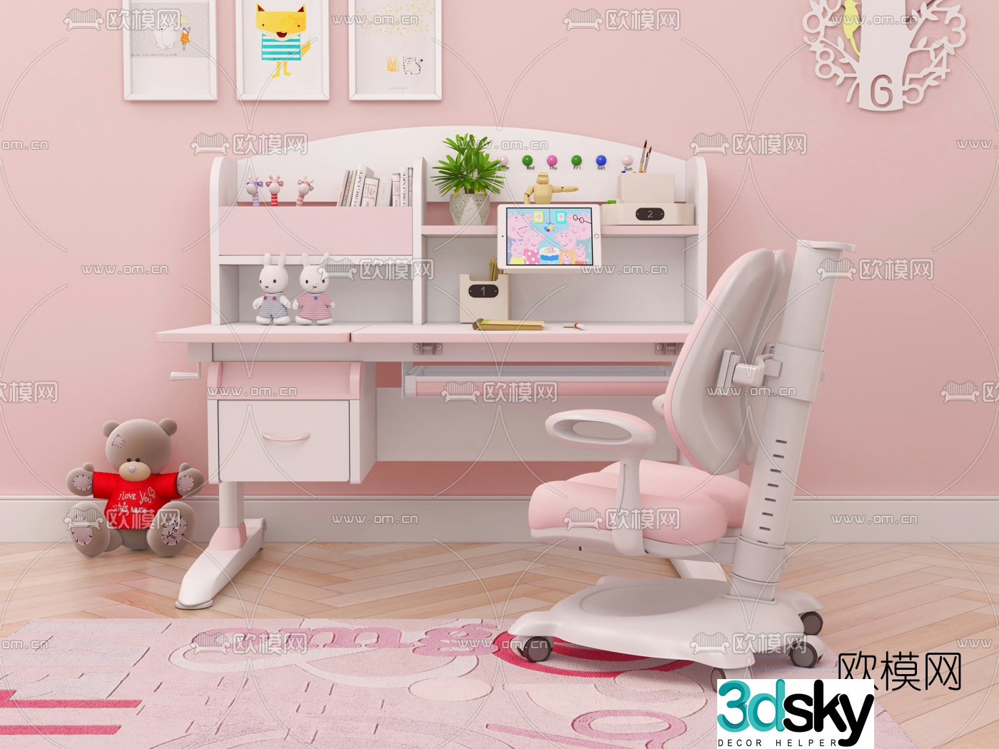 Modern children’s study desk and chair 3d model
