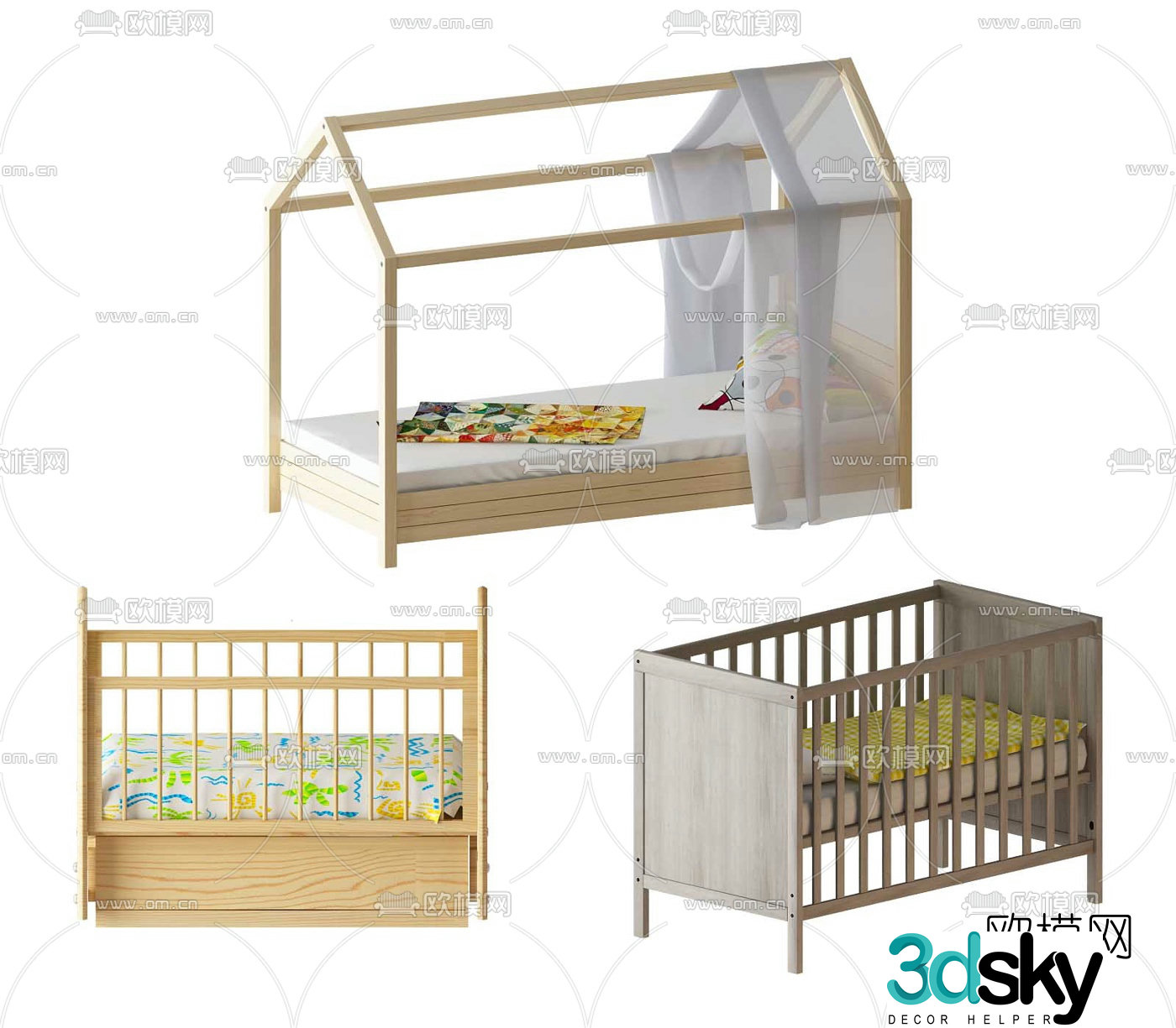 Modern wooden children’s bed crib 3d model