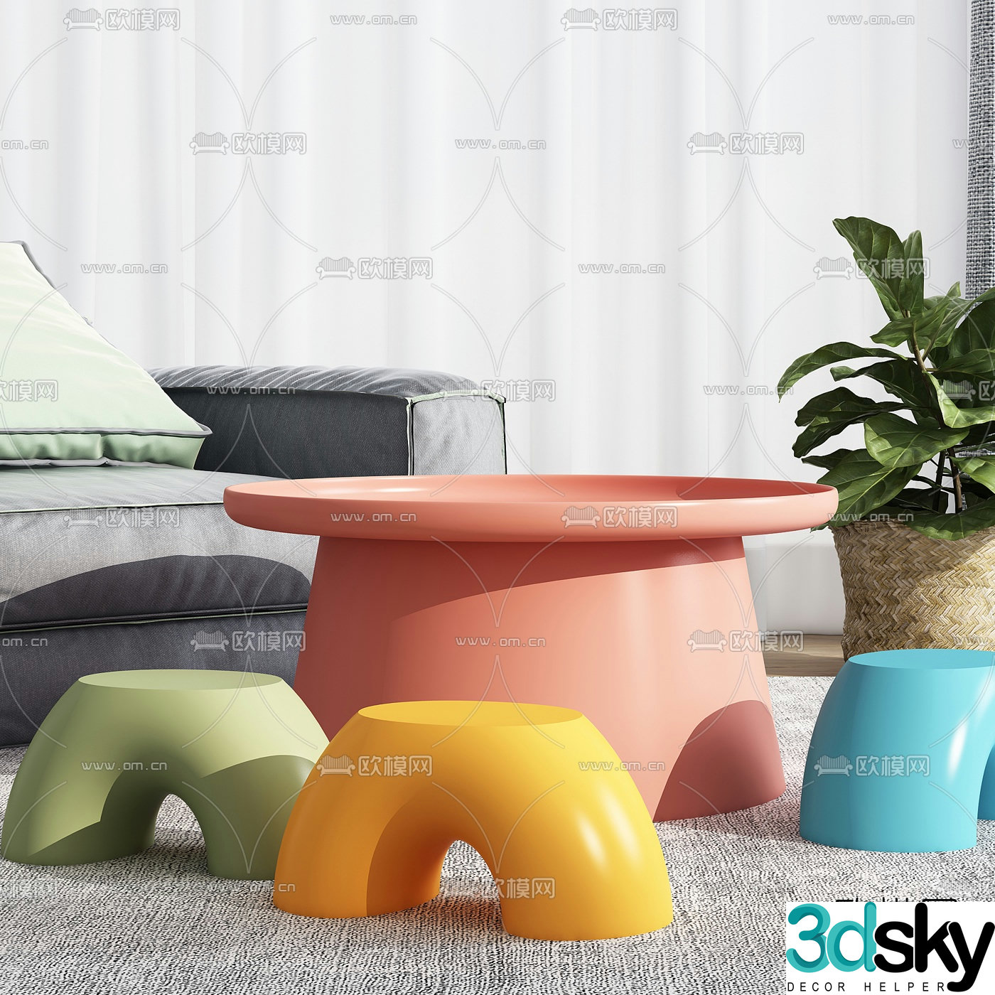 Modern plastic colorful children’s table and chairs 3d model