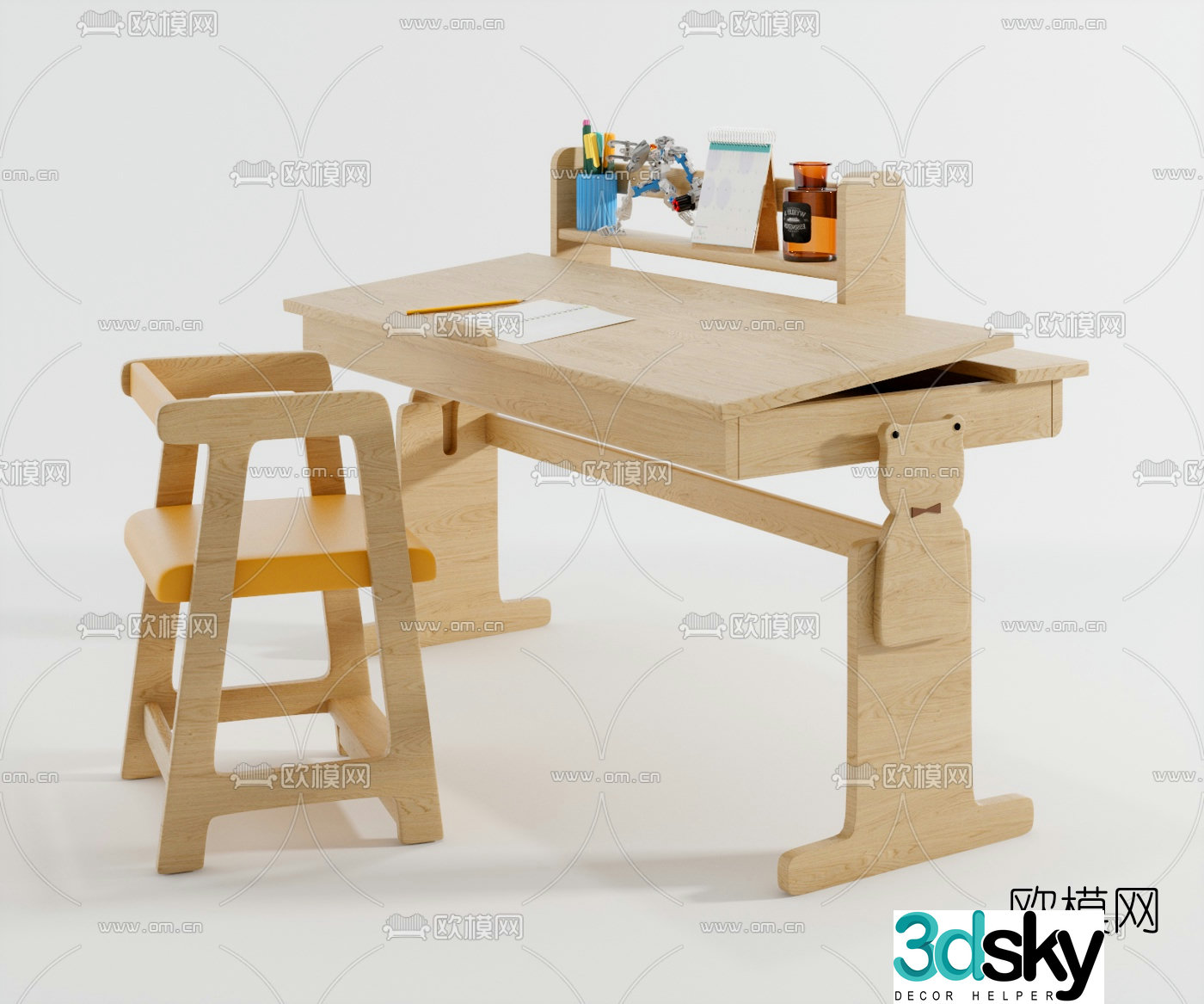 Modern solid wood children’s desk chair 3d model