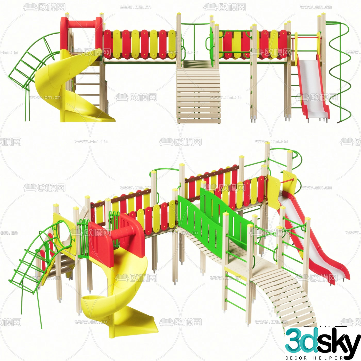 Modern wooden climbing children's plastic slide 3d model