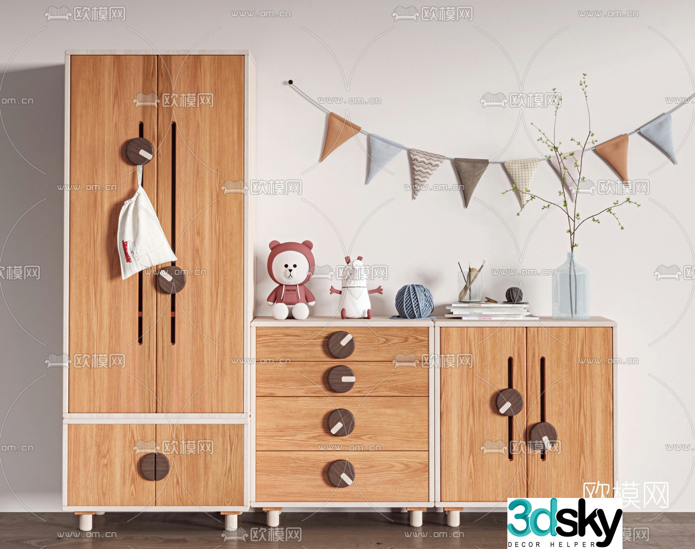 Nordic log children’s wardrobe side cabinet 3D model