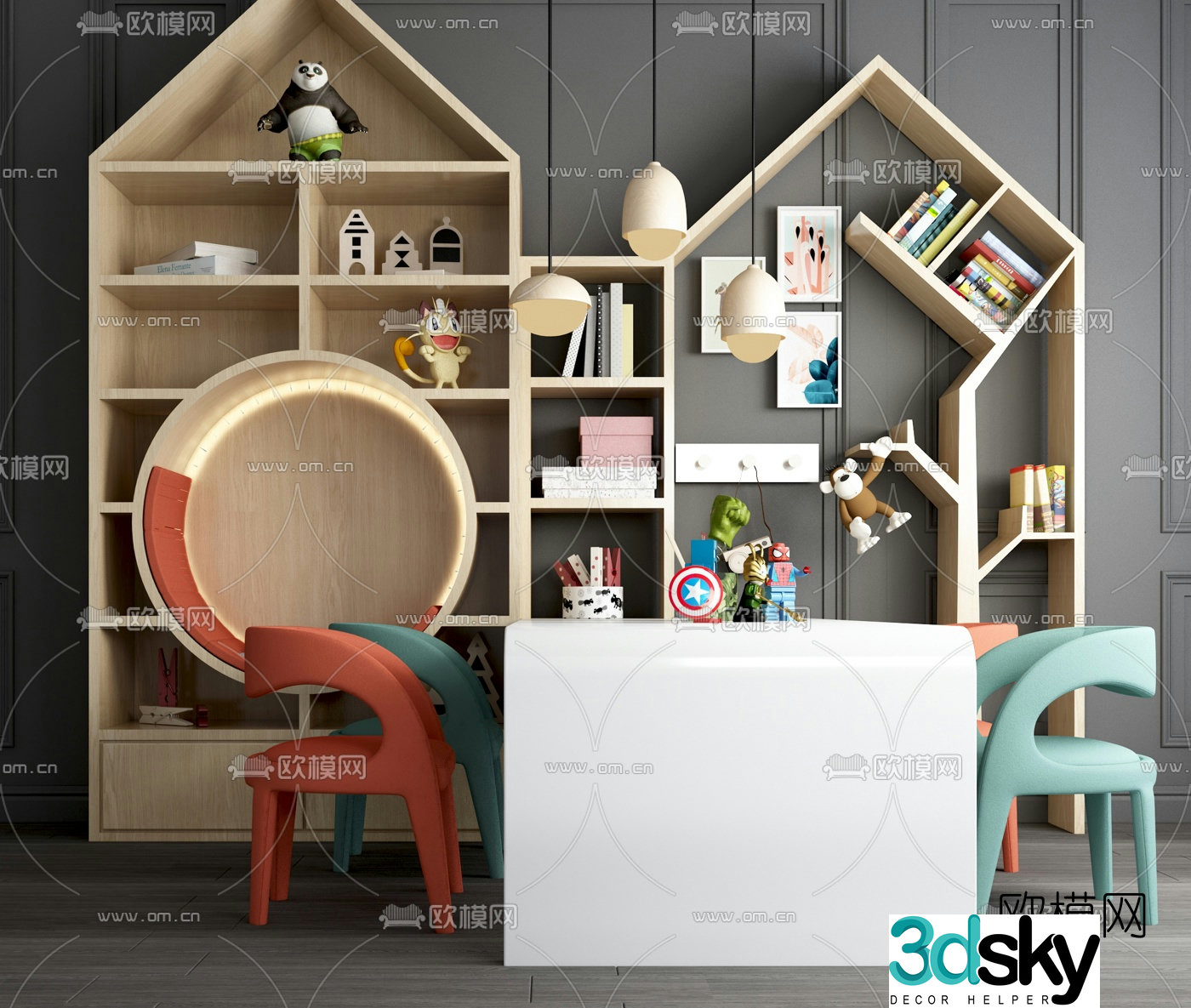 Nordic children’s desk chair bookcase 3d model