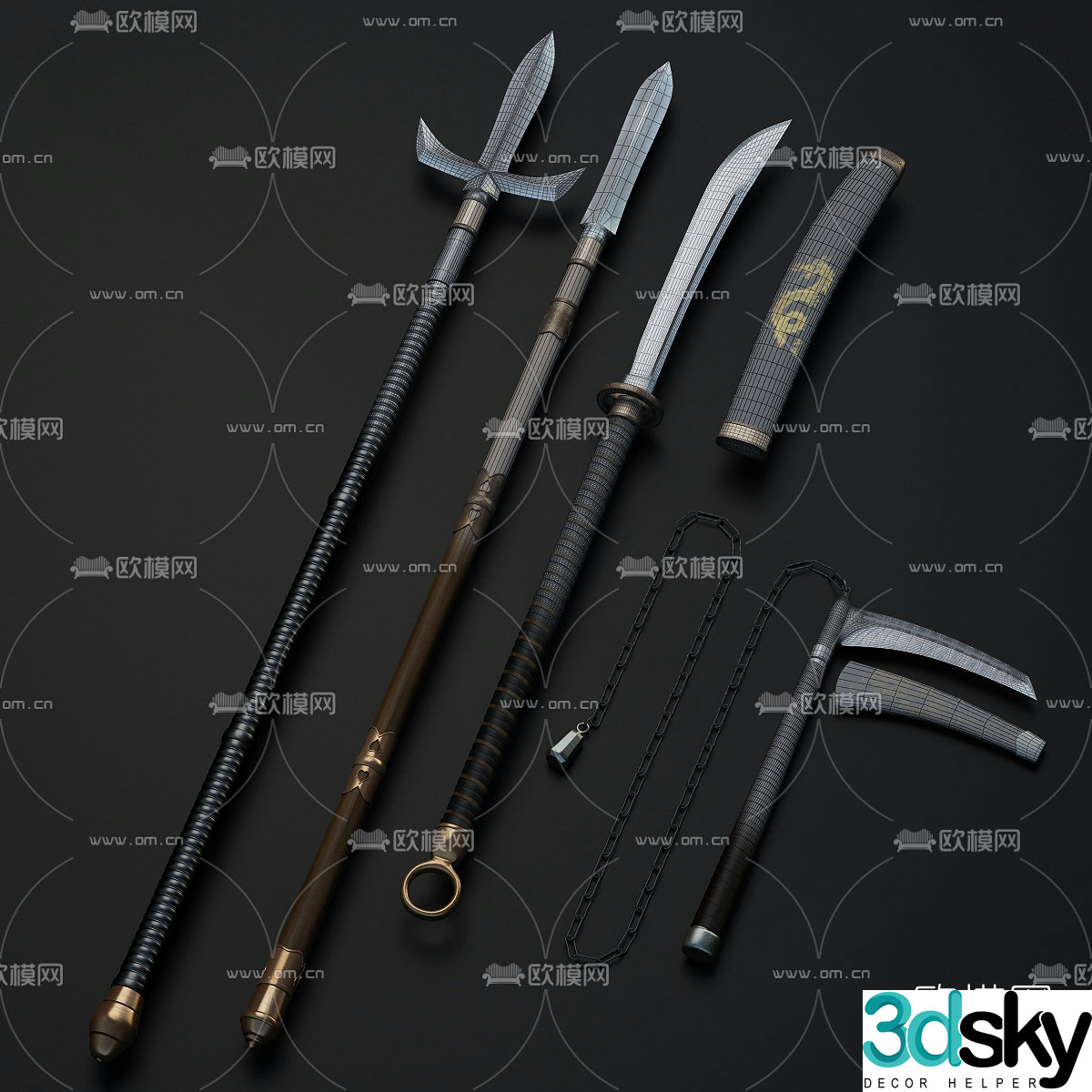 Chinese cold weapon sword and halberd 3D model