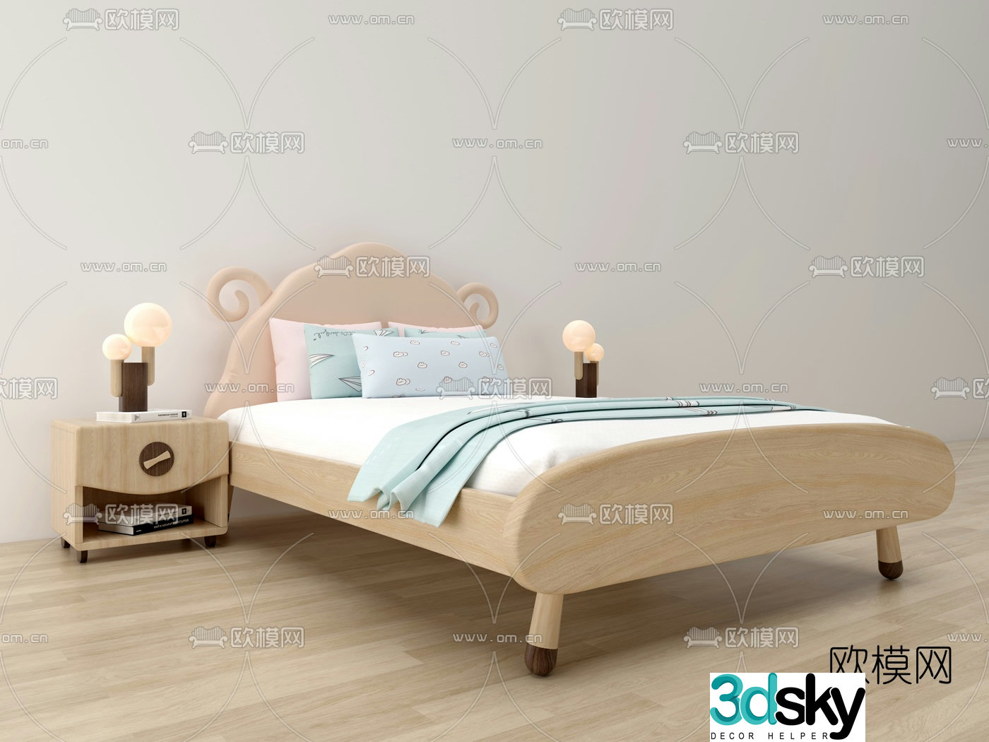 Nordic fabric children’s bed bedside table 3d model
