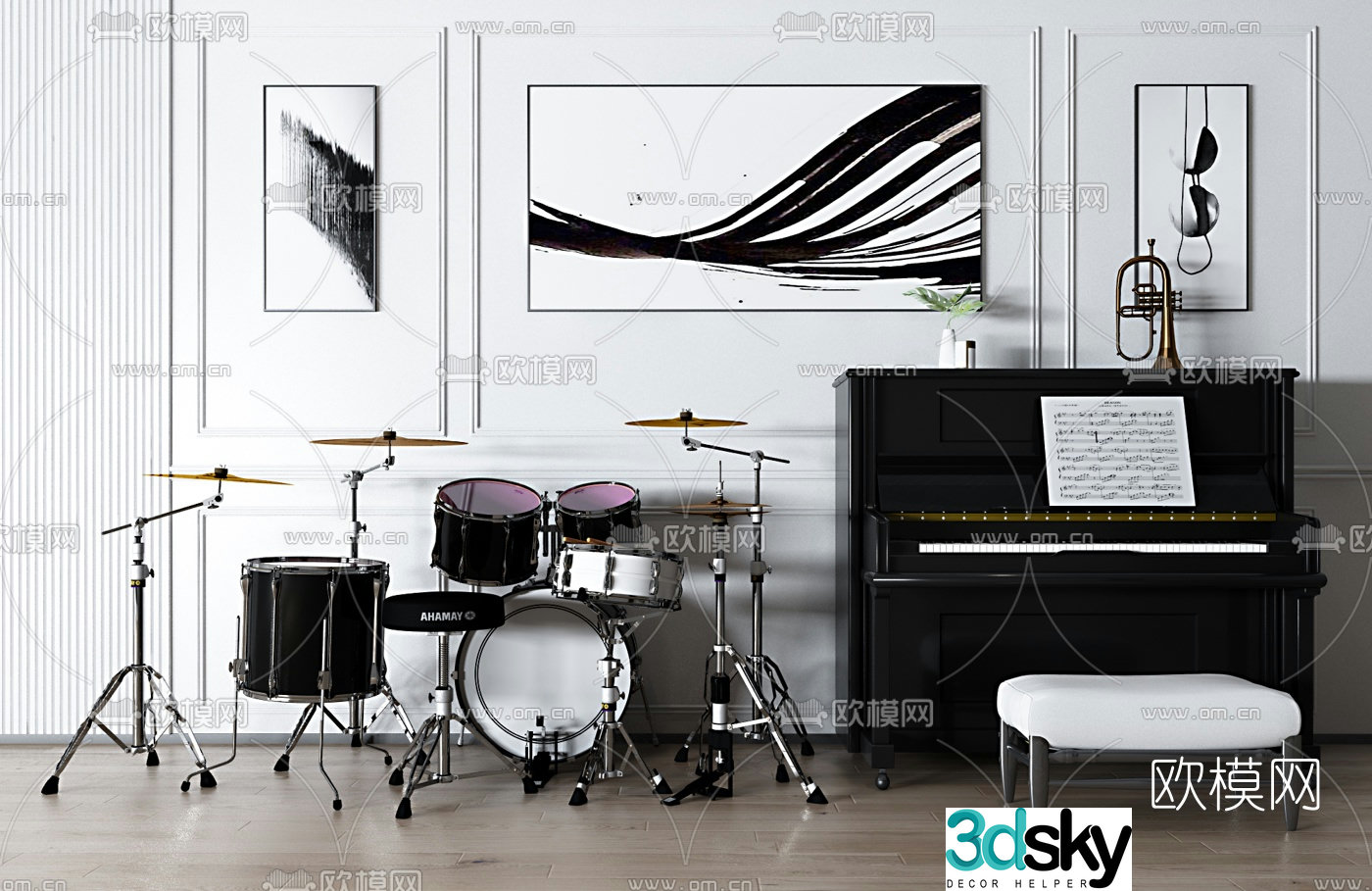 Modern drum set piano 3d model