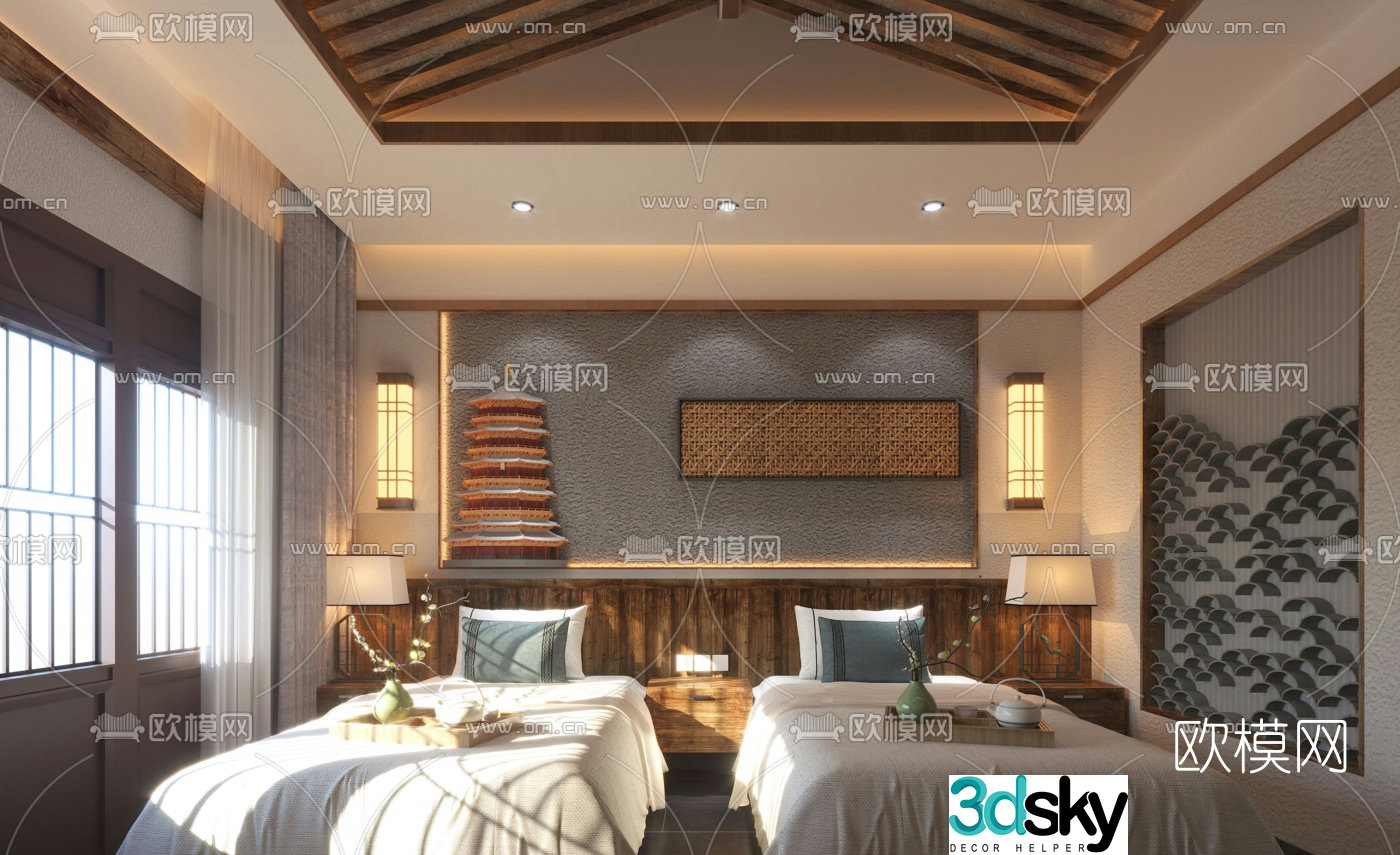 New Chinese style hotel twin room double room 3d model