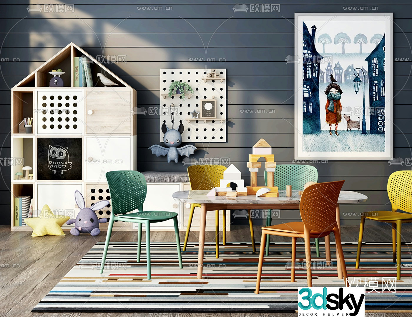 Nordic children’s table chair and children’s cabinet 3d model