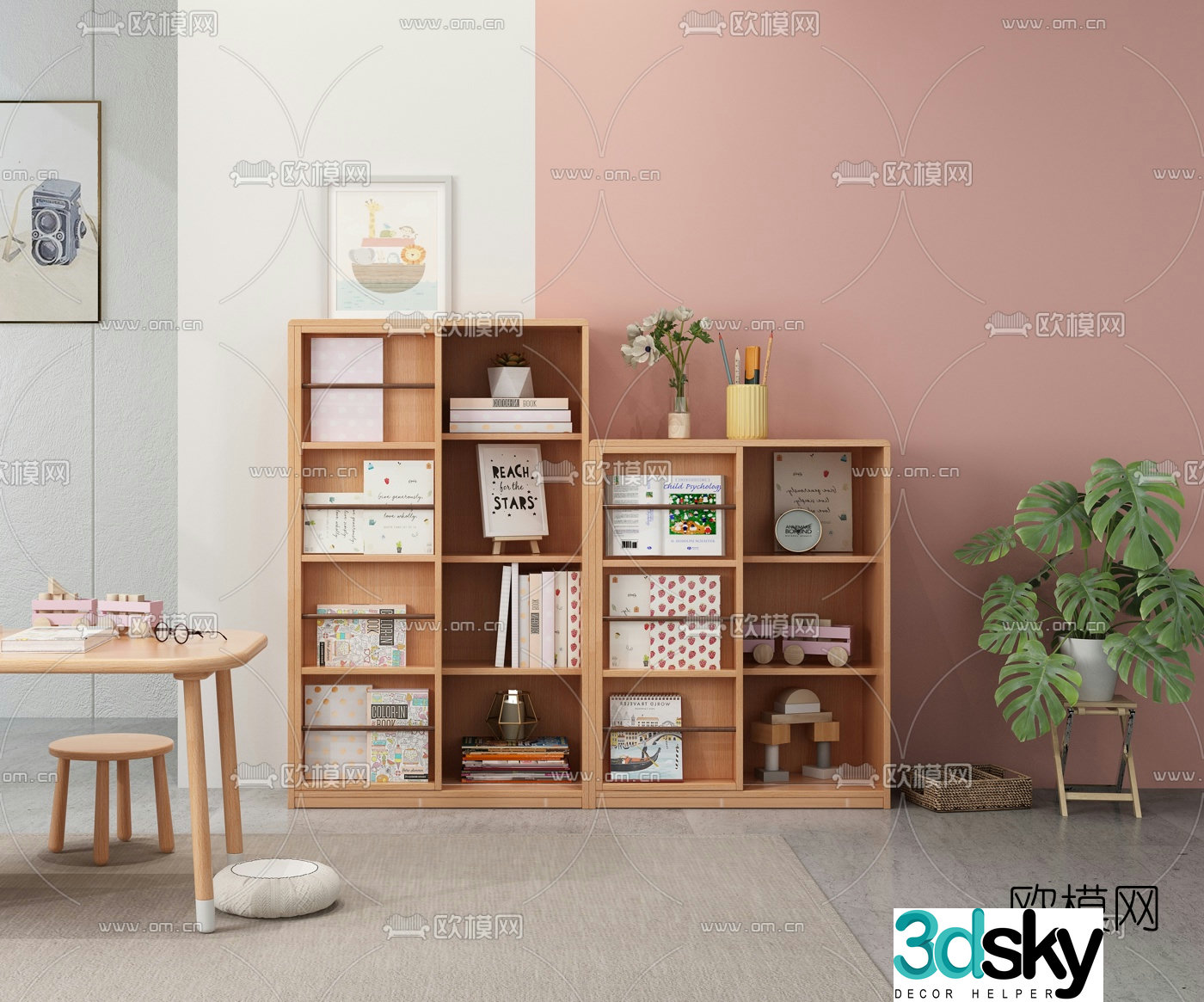 Nordic children’s table chair and children’s cabinet 3d model