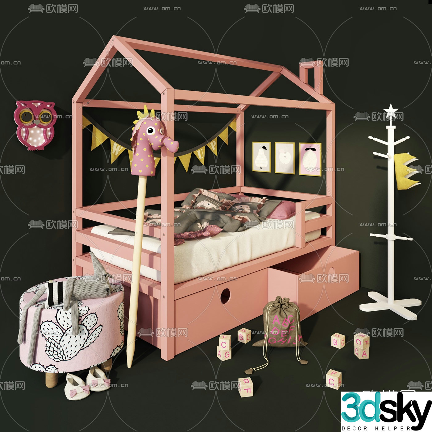 Nordic canopy bed children’s bed 3d model