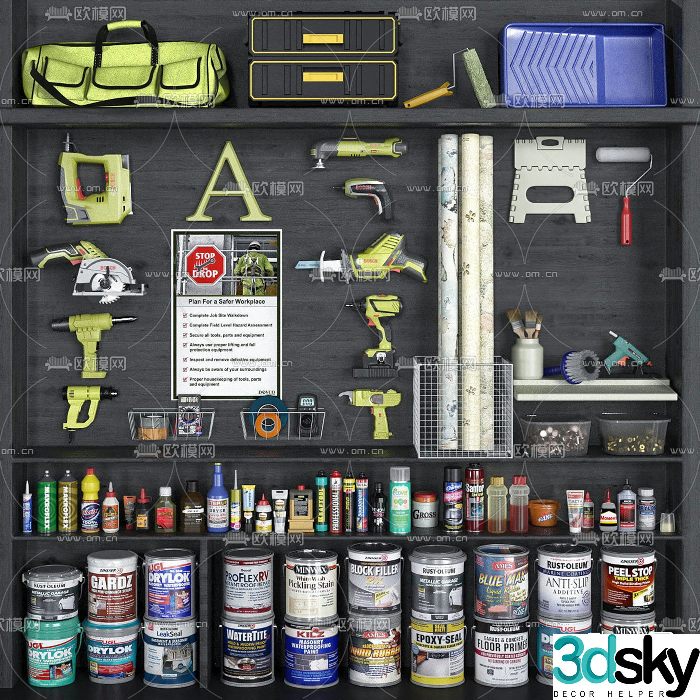 Industrial style garage repair tools paint collection 3d model
