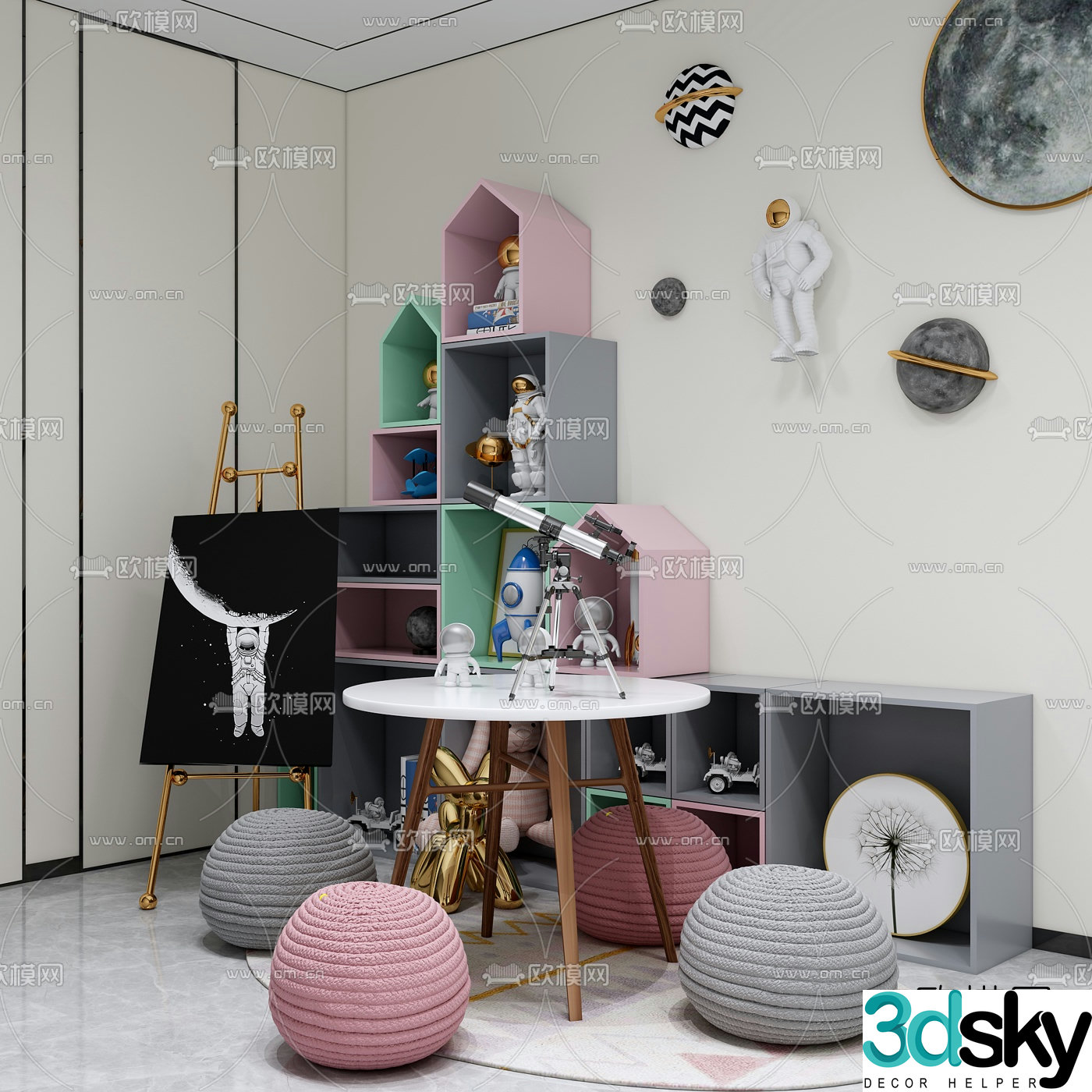 Modern children’s table chair and children’s cabinet 3d model