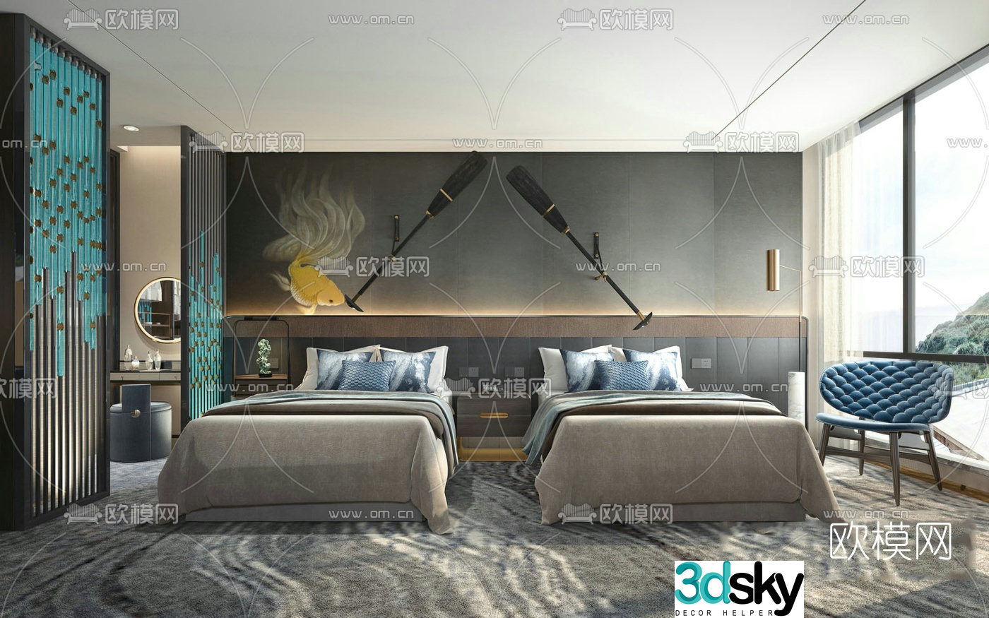 Modern hotel twin room 3d model