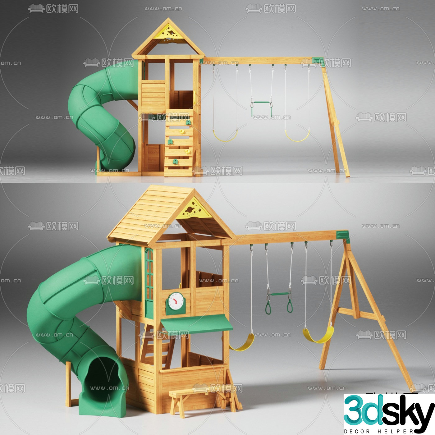 Modern wooden outdoor children's climbing slide swing ring 3d model