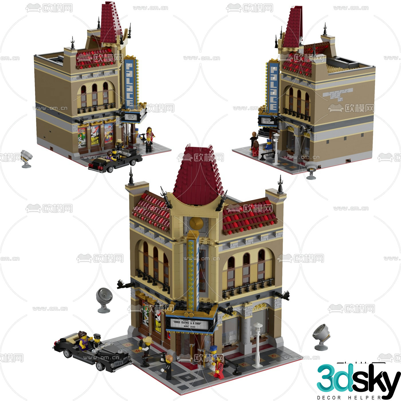 Modern street scene grand theater building block toy 3d model