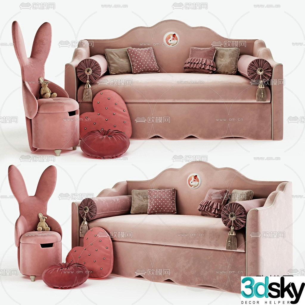 Nordic fabric children’s sofa 3d model