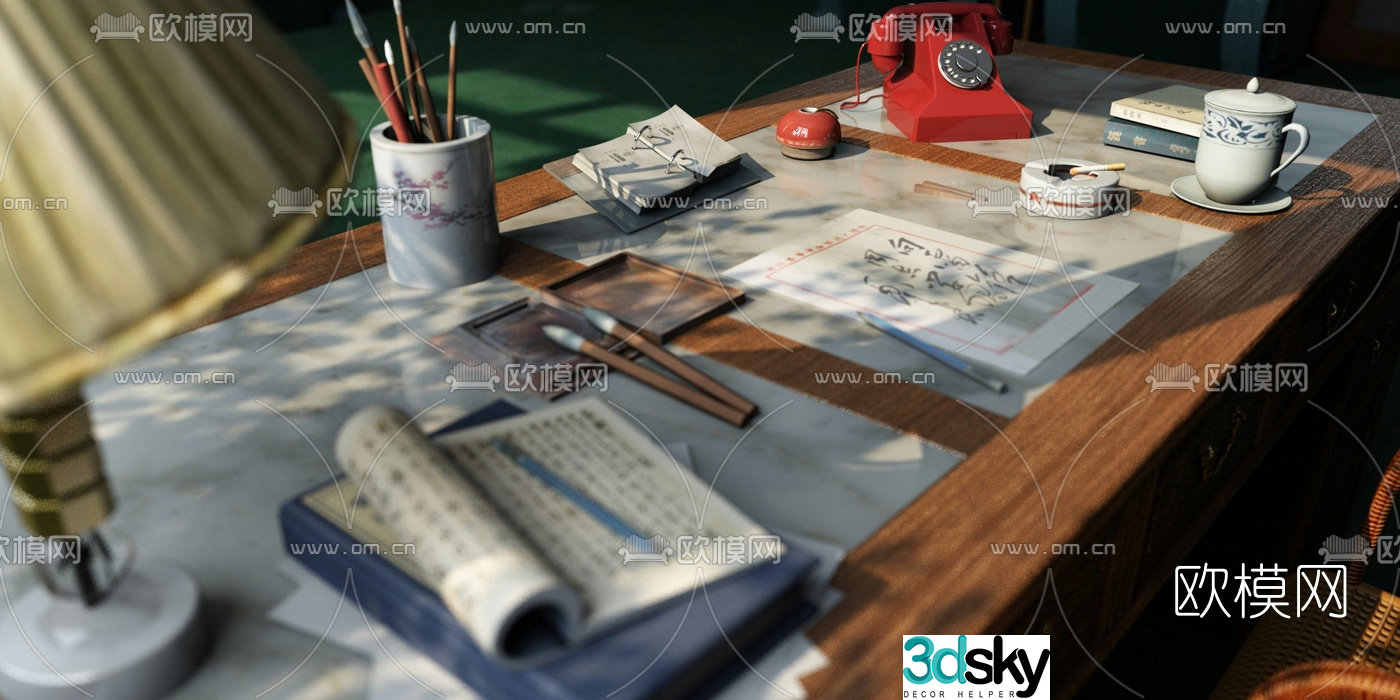 New Chinese style retro desk pen and ink book ornaments 3D model