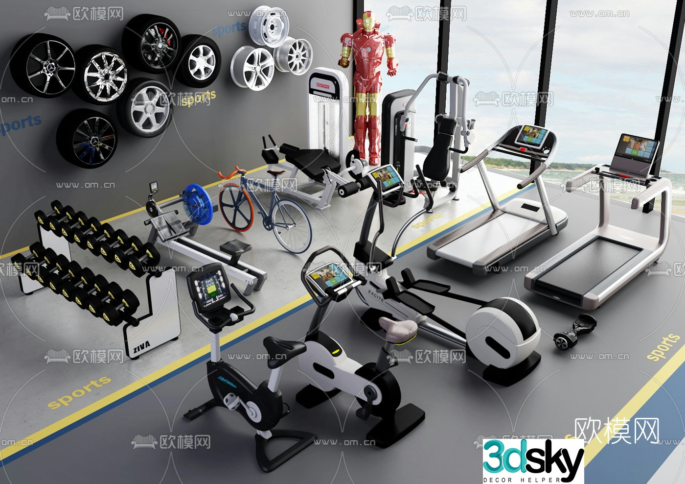 Modern treadmill exercise bike fitness tire combination 3D model