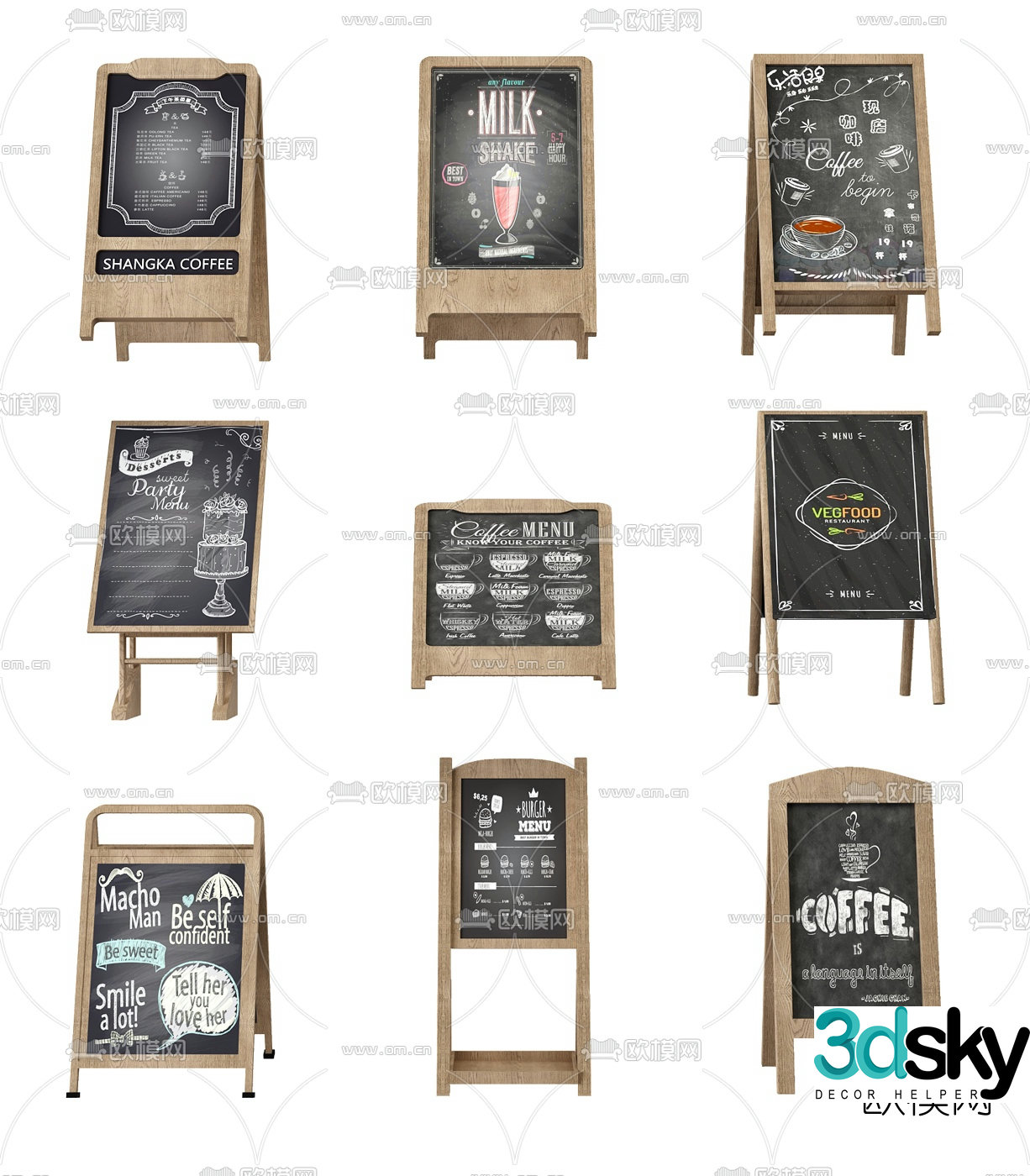 Modern solid wood blackboard menu board billboard 3d model