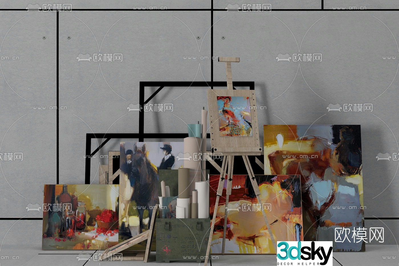 Modern easel oil painting tool set 3D model