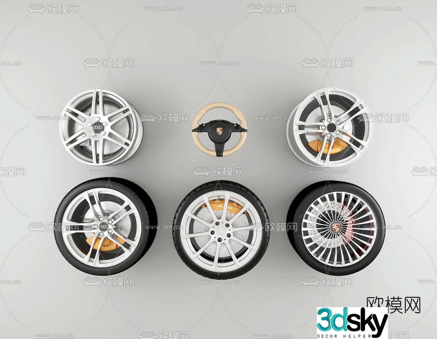 Modern car tire hub steering wheel combination 3d model