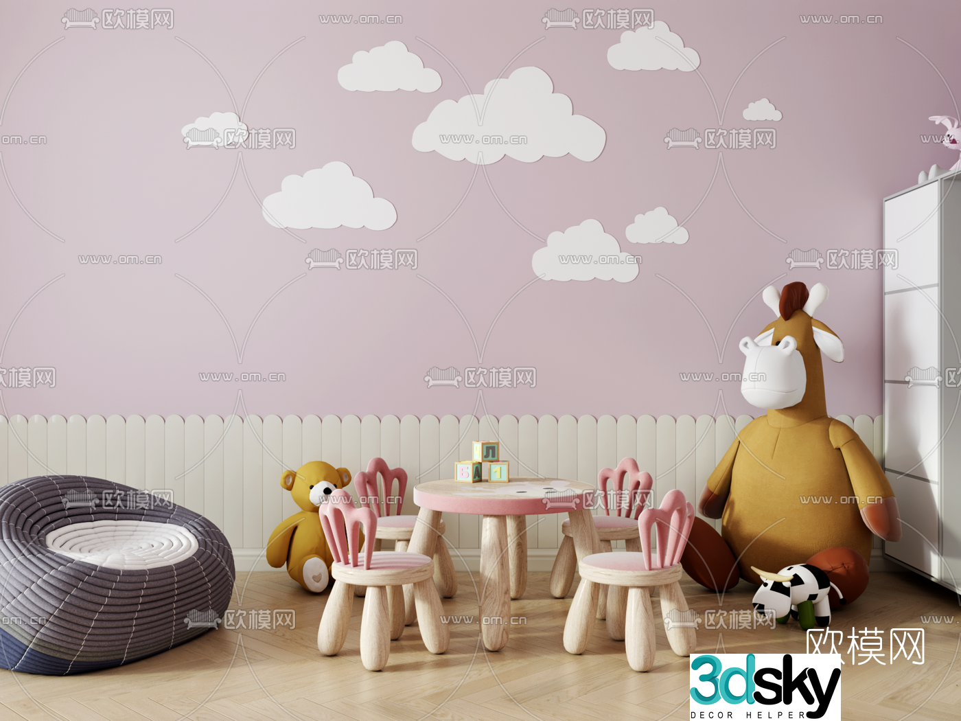 Nordic log children’s table and chair 3d model