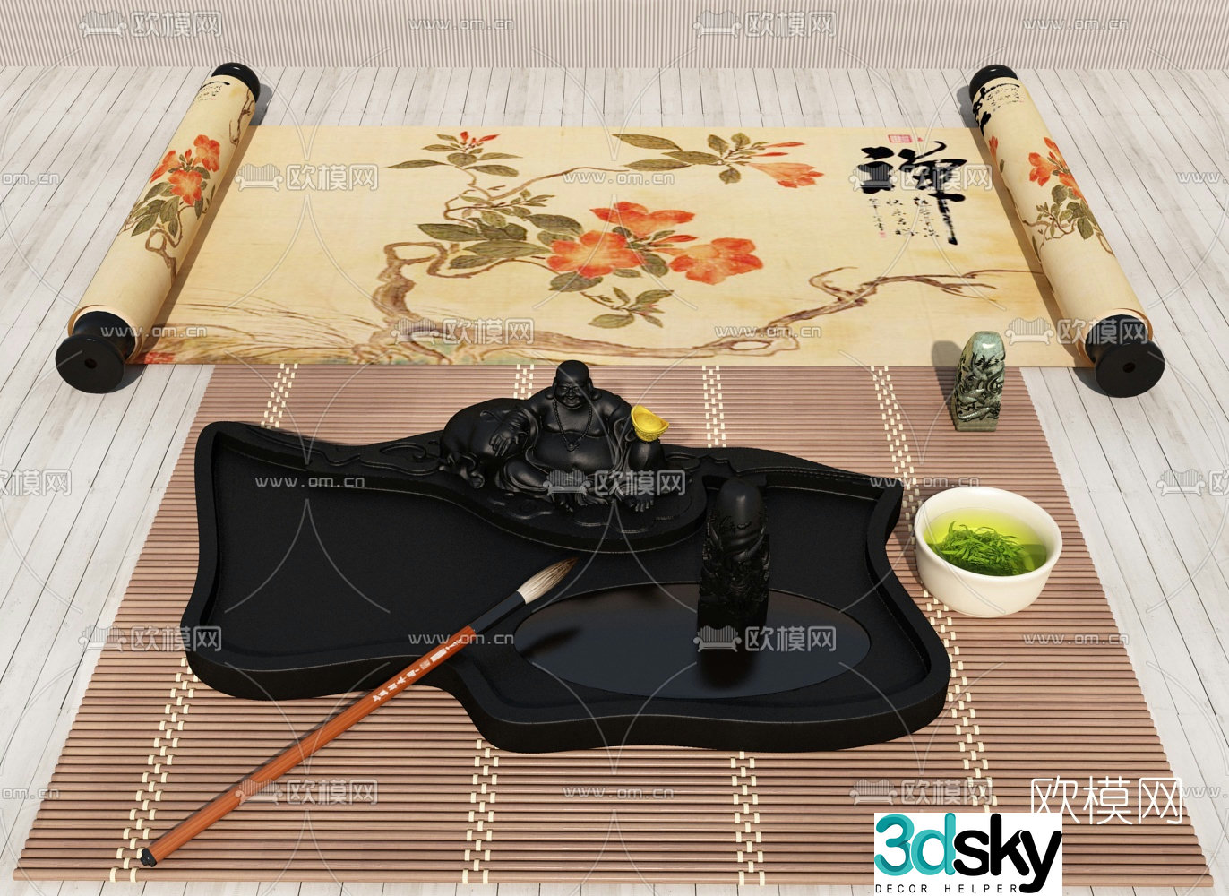3D model of the four treasures of modern study: pen, ink, paper and inkstone