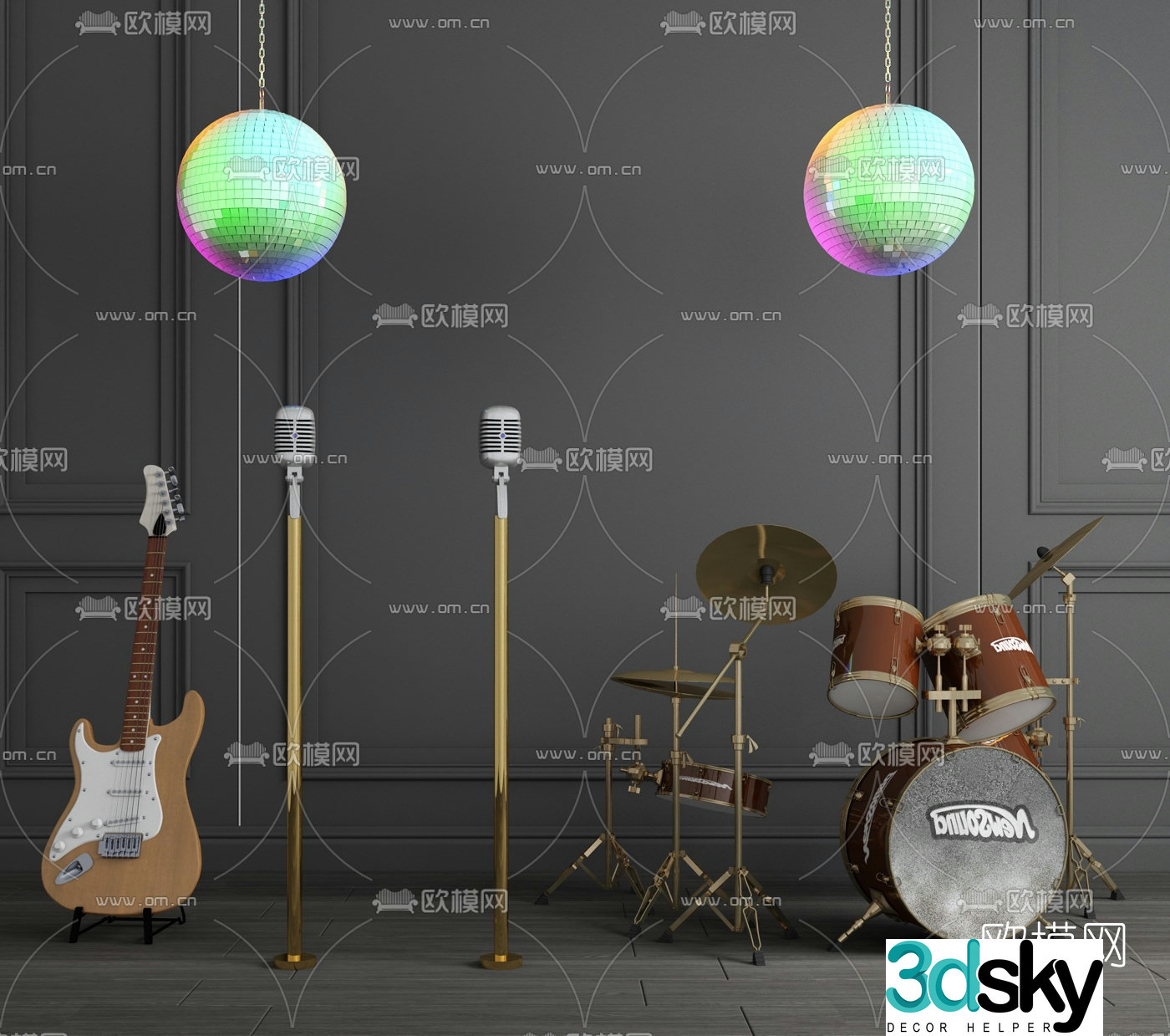 Modern musical instrument drum guitar microphone 3d model