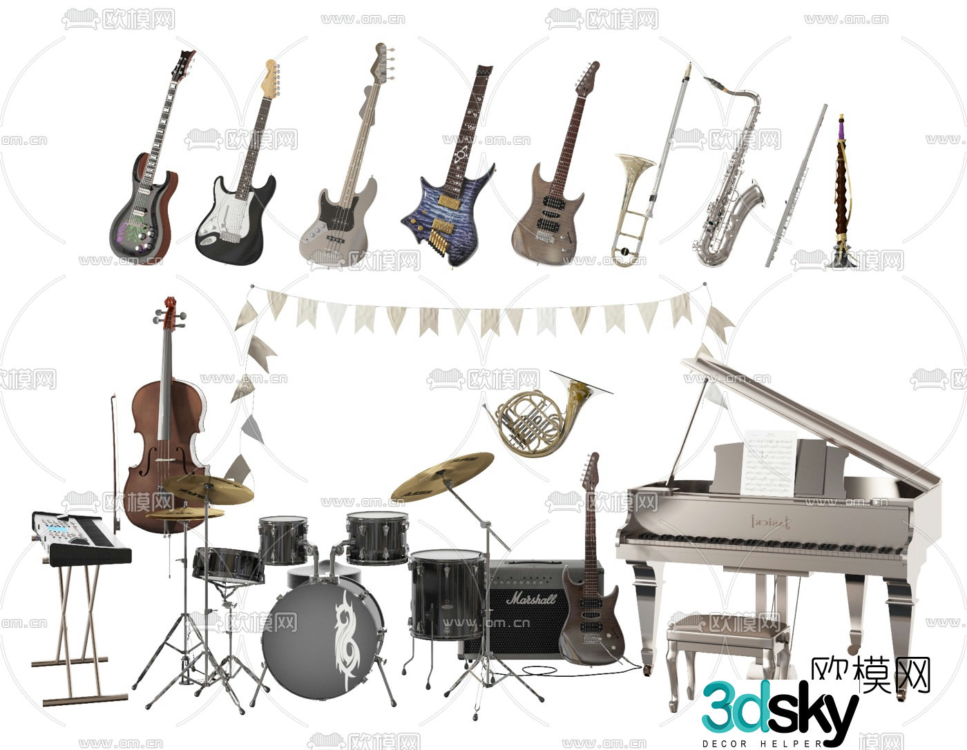 Modern drum set piano guitar musical instrument 3d model