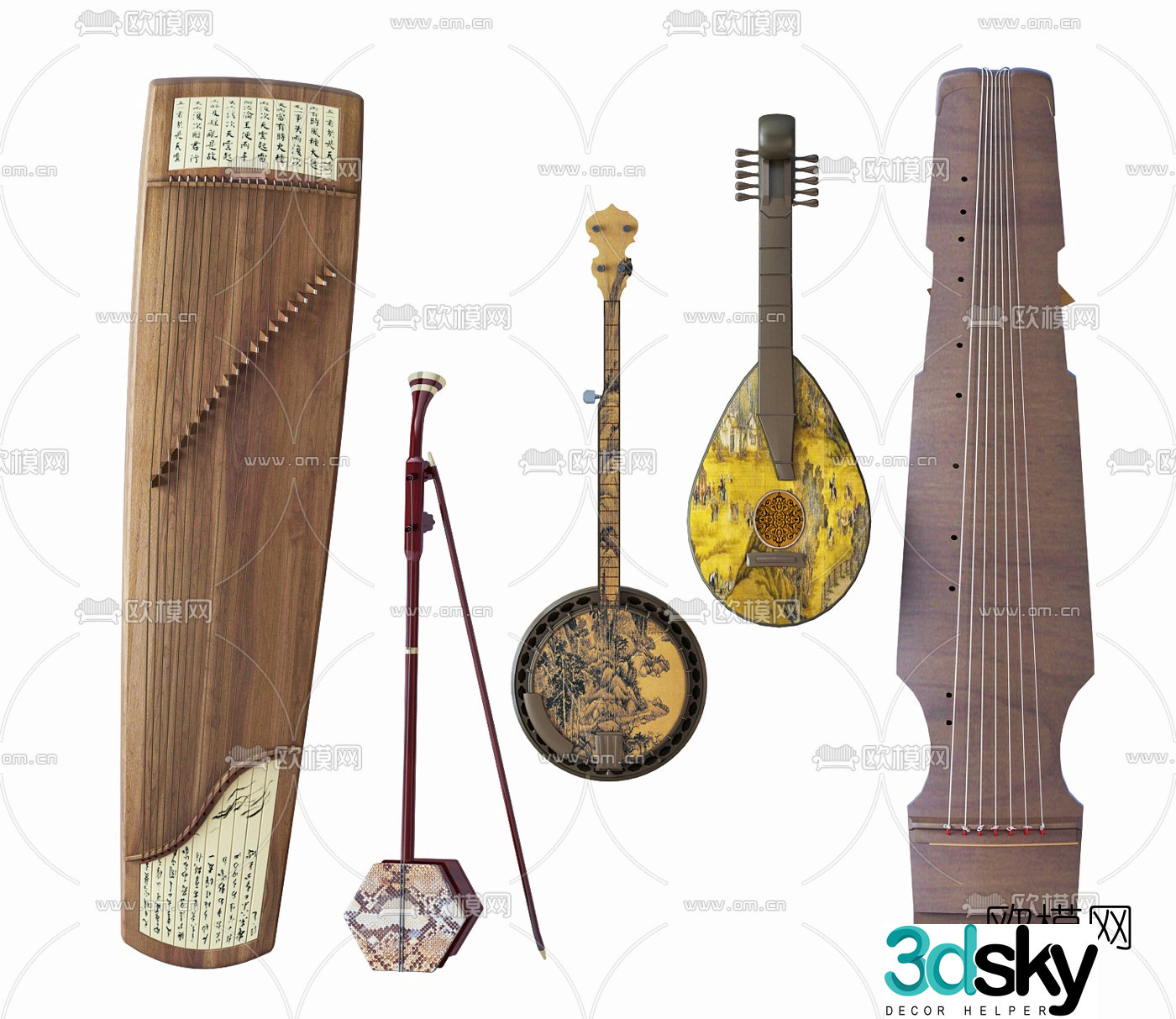 Chinese Guqin Erhu musical instrument combination 3D model