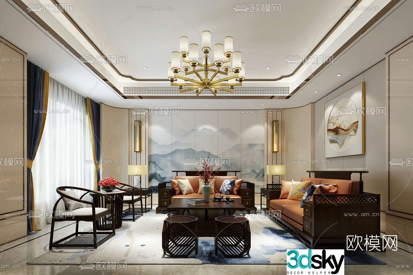 Hu Ge Design New Chinese Living Room 3D Model