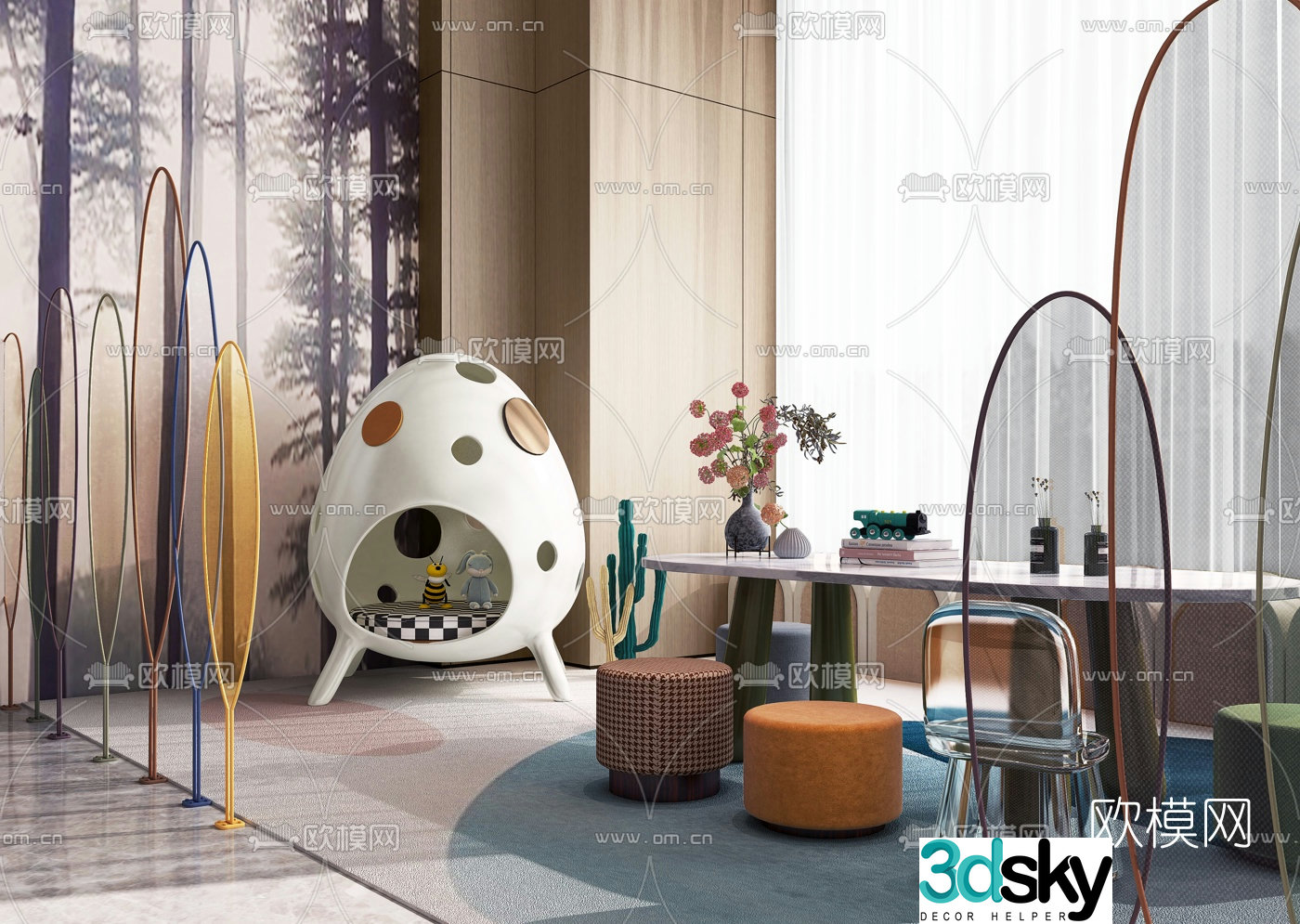 Modern eggshell children’s table and chair 3d model