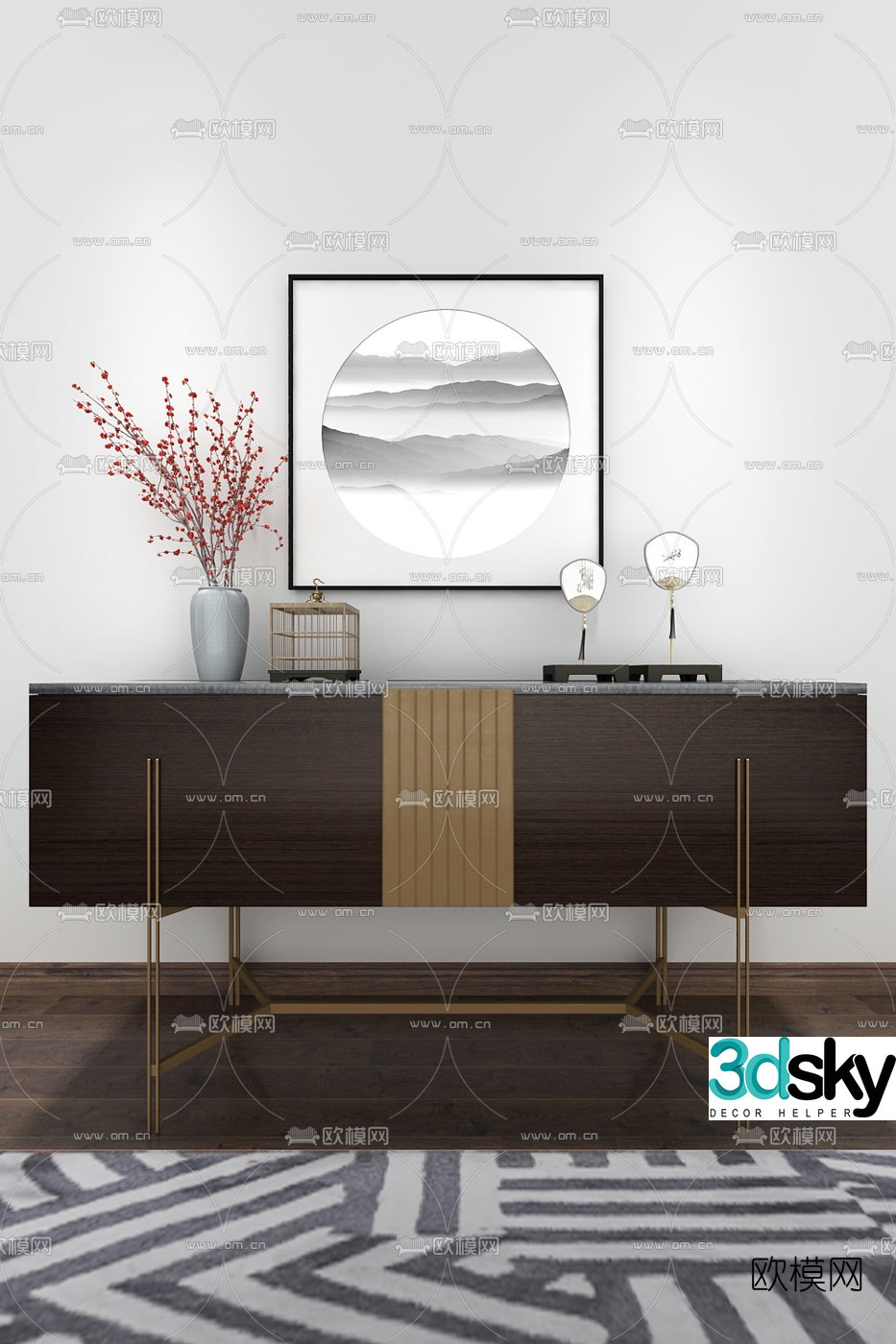 Yuanhe Daqian Design New Chinese style solid wood end view cabinet 3D model