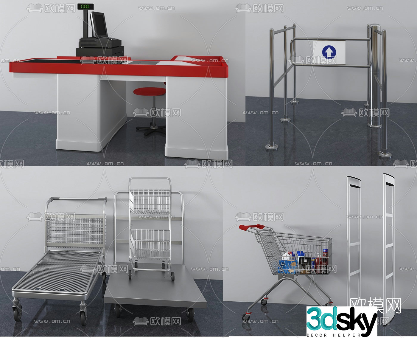Modern supermarket checkout shopping cart 3D model