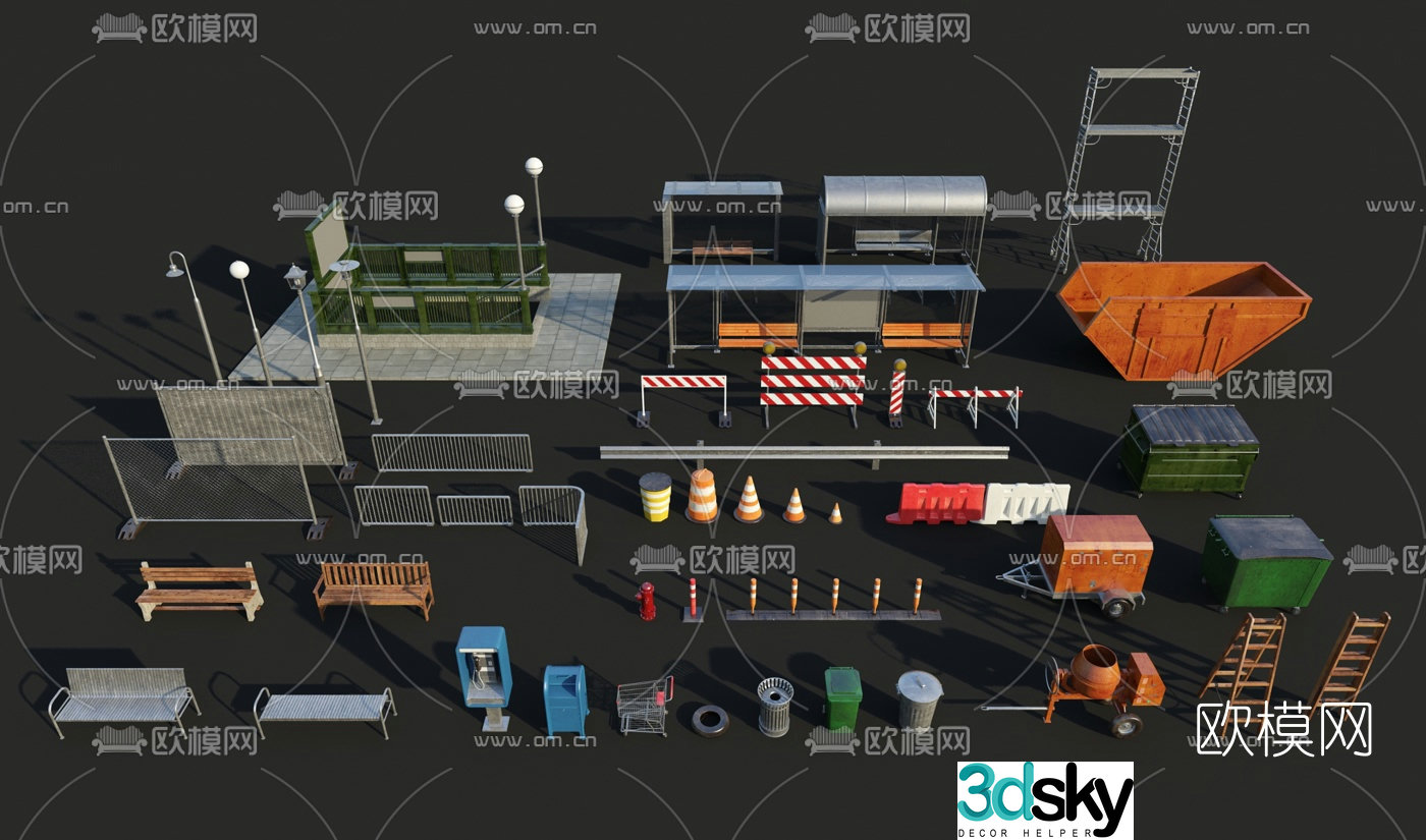 Modern guardrail outdoor chair bus booth trash can road facilities 3d model