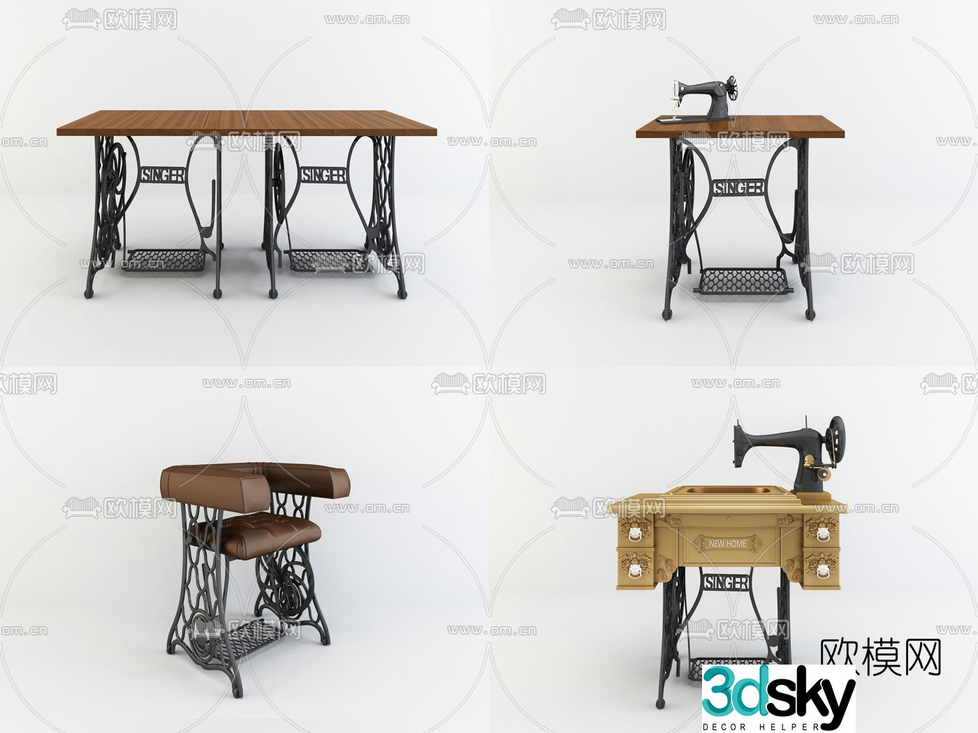 Industrial style sewing machine single chair combination 3D model