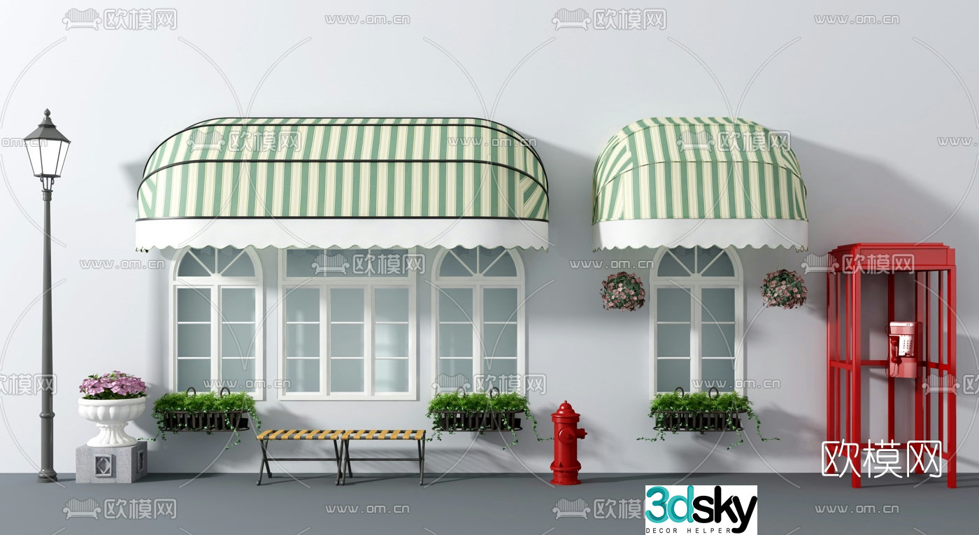 European style awning phone booth 3D model