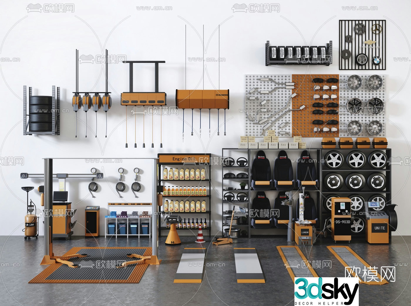 Modern car shop repair tools and equipment 3d model