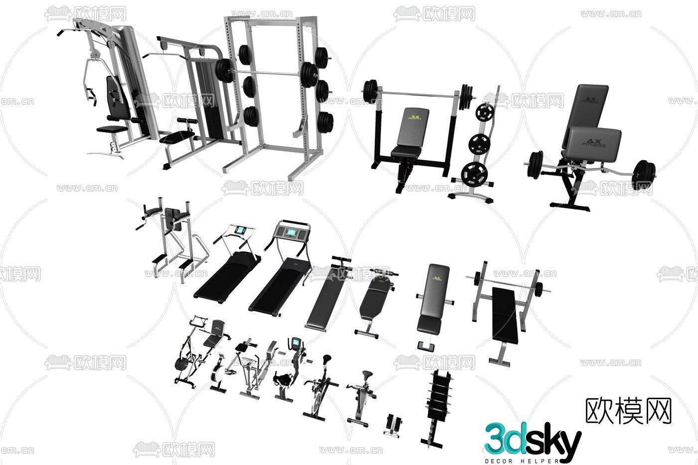 Modern fitness equipment combination 3d model