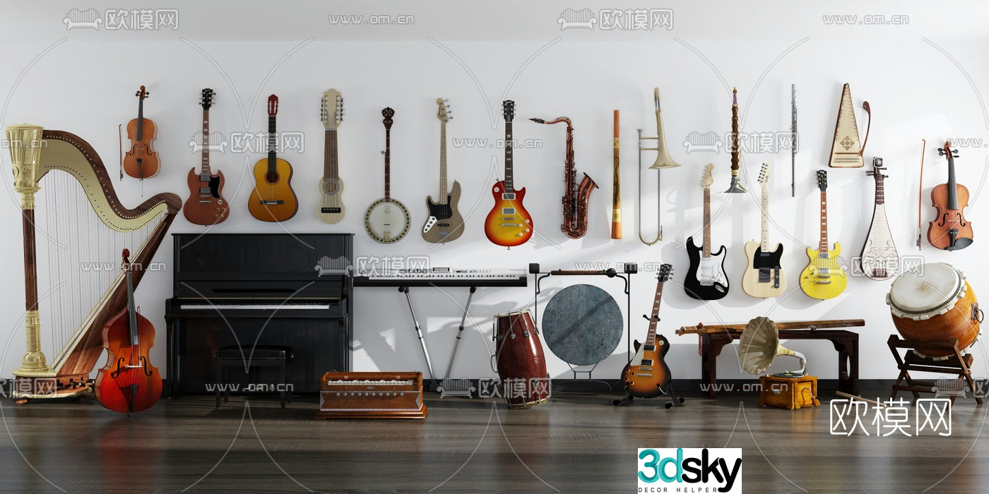 Modern musical instrument piano electronic keyboard violin guzheng guitar combination 3d model