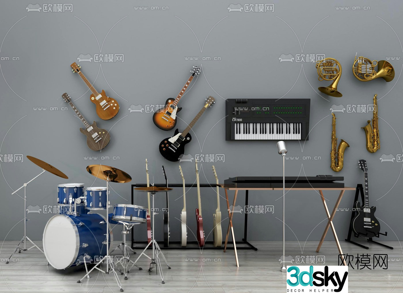 Modern musical instrument piano electronic keyboard guitar combination 3d model