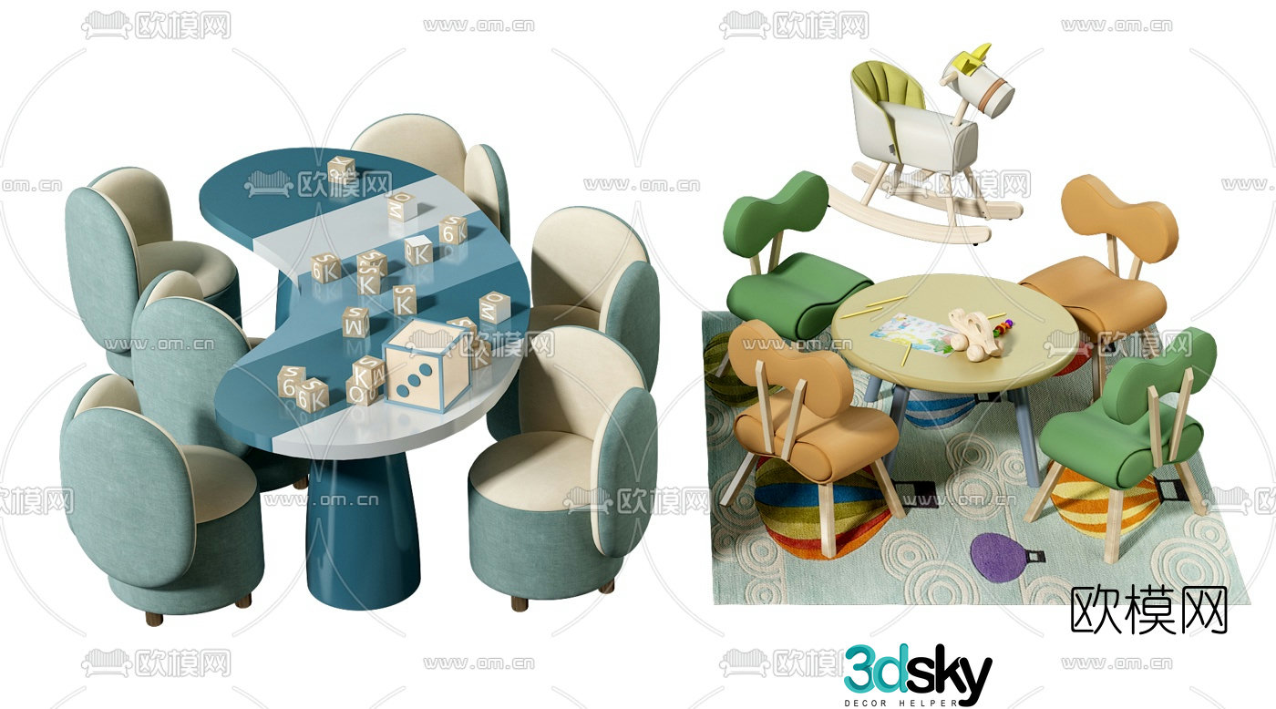 Modern children’s table and chair wooden horse 3d model