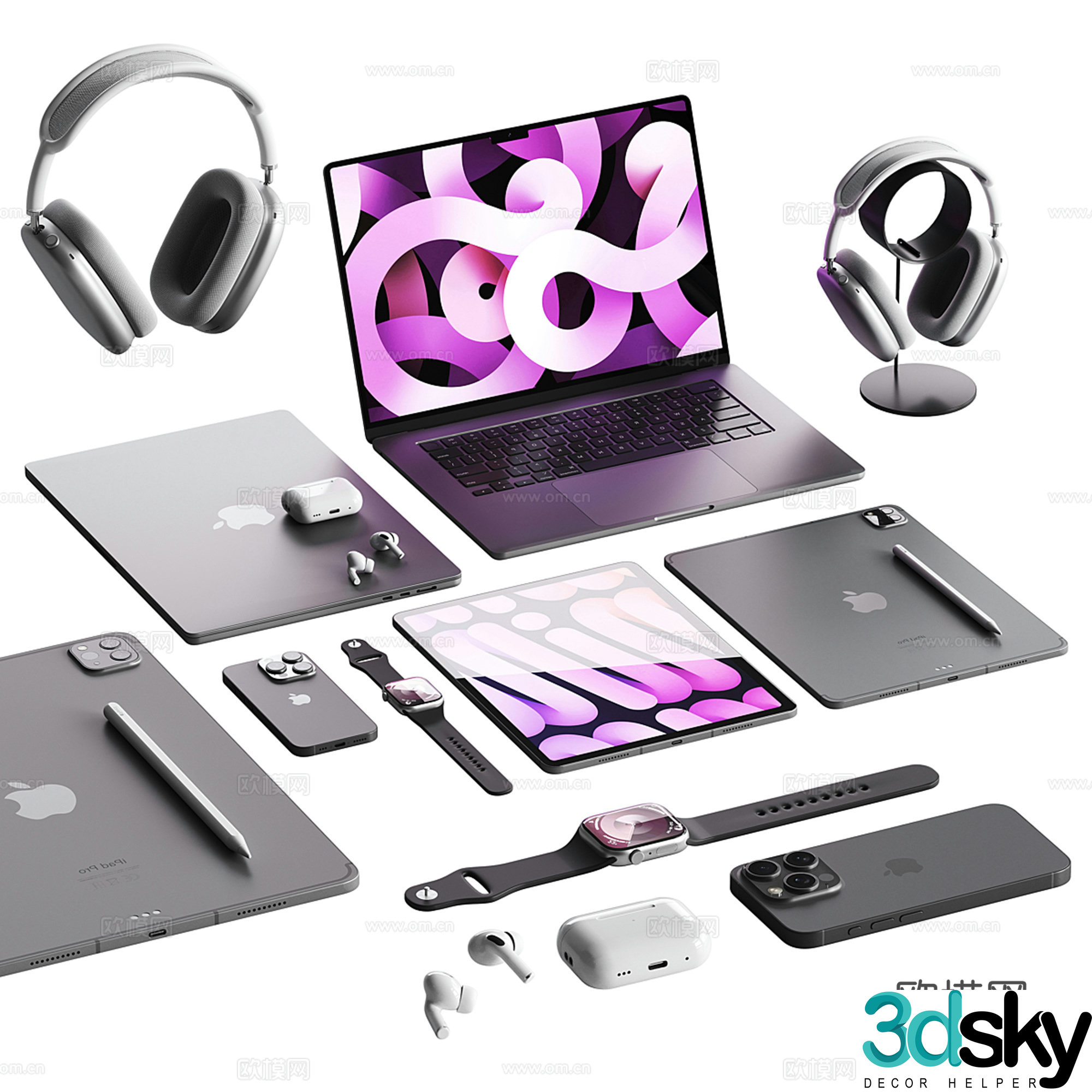 Office supplies desktop accessories computer watch headset 3D model