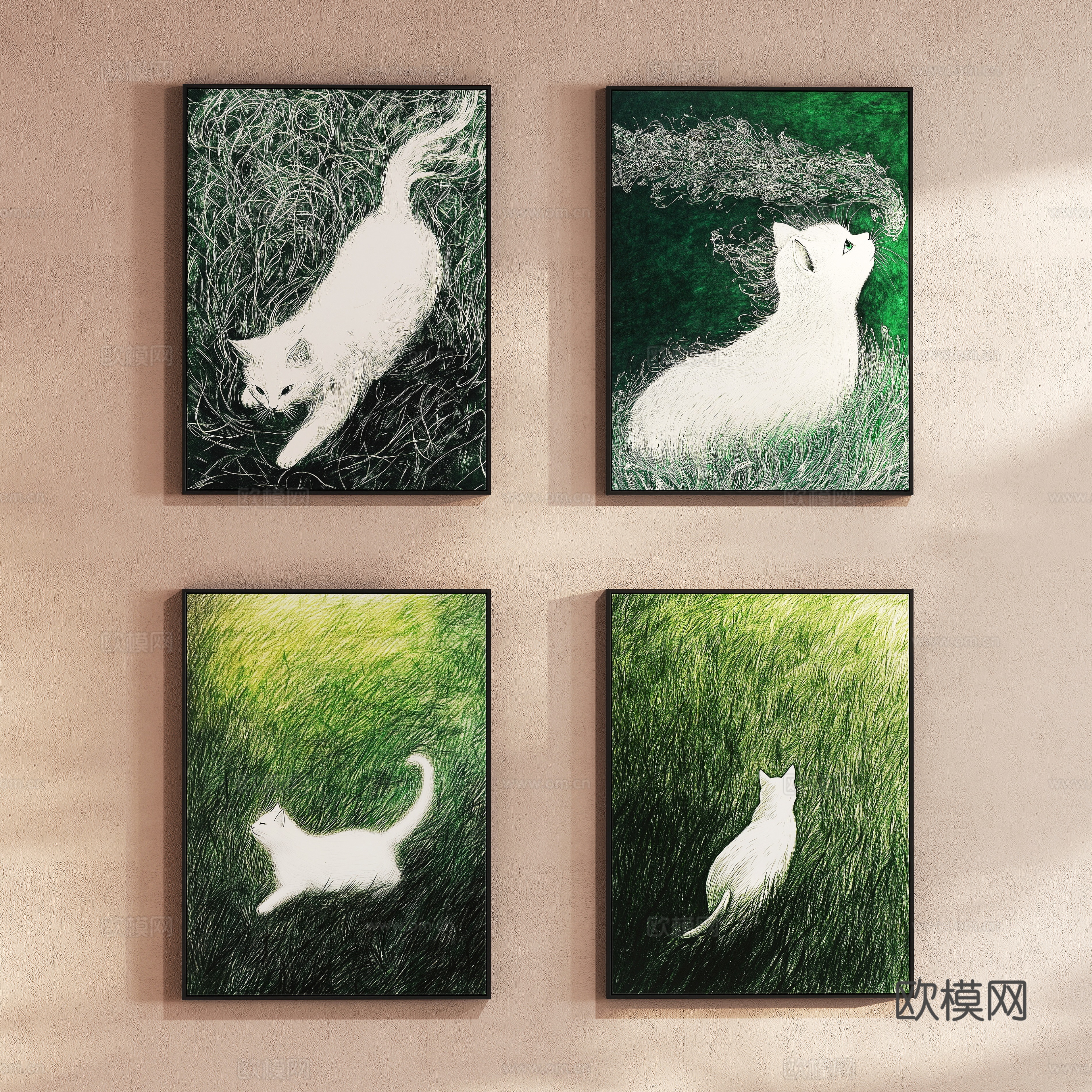 Nordic Cartoon Cat Art Hanging Decorative Painting 3D Model