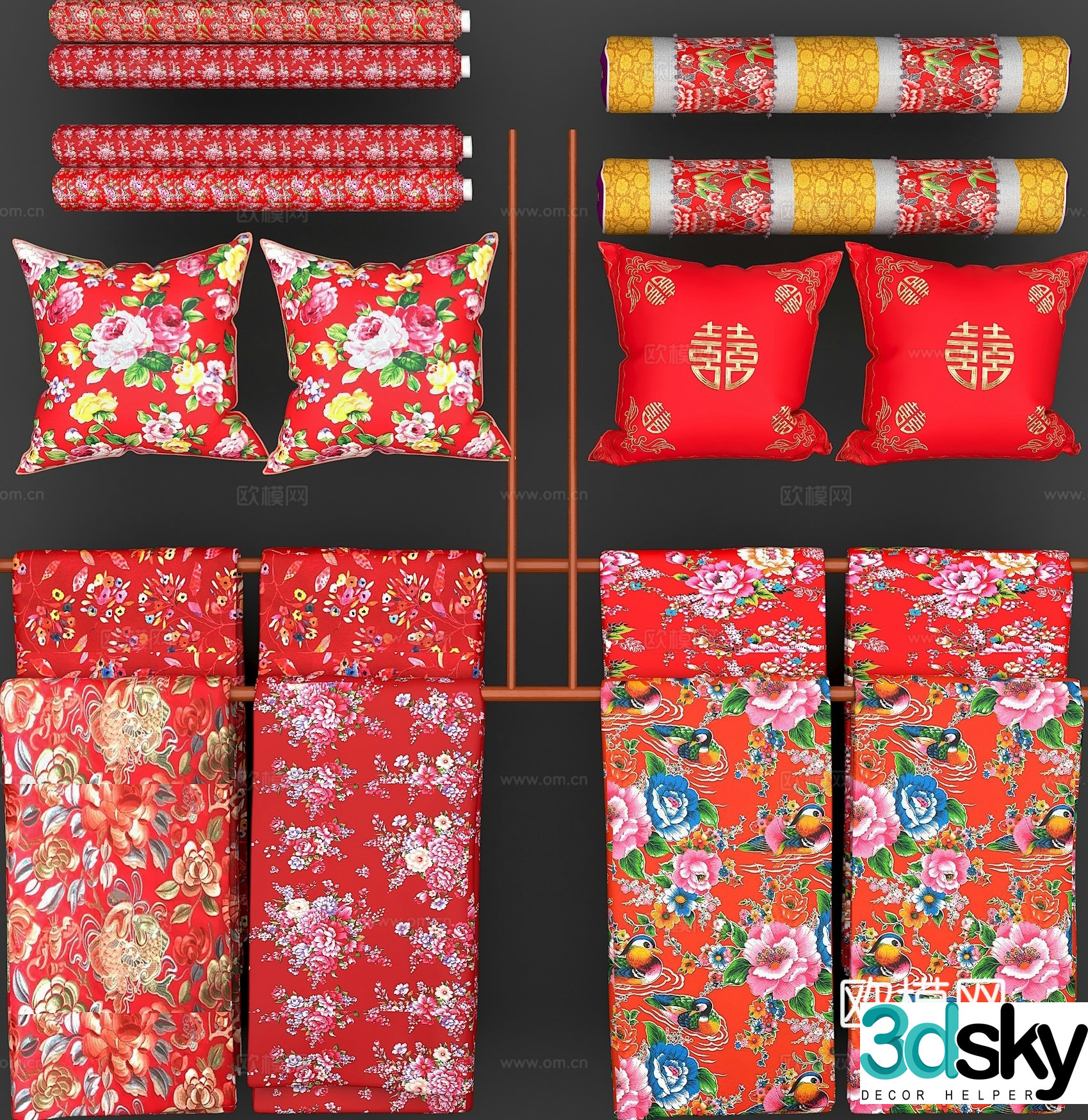 Chinese festive pillow pillow bedding quilt home textile 3D model