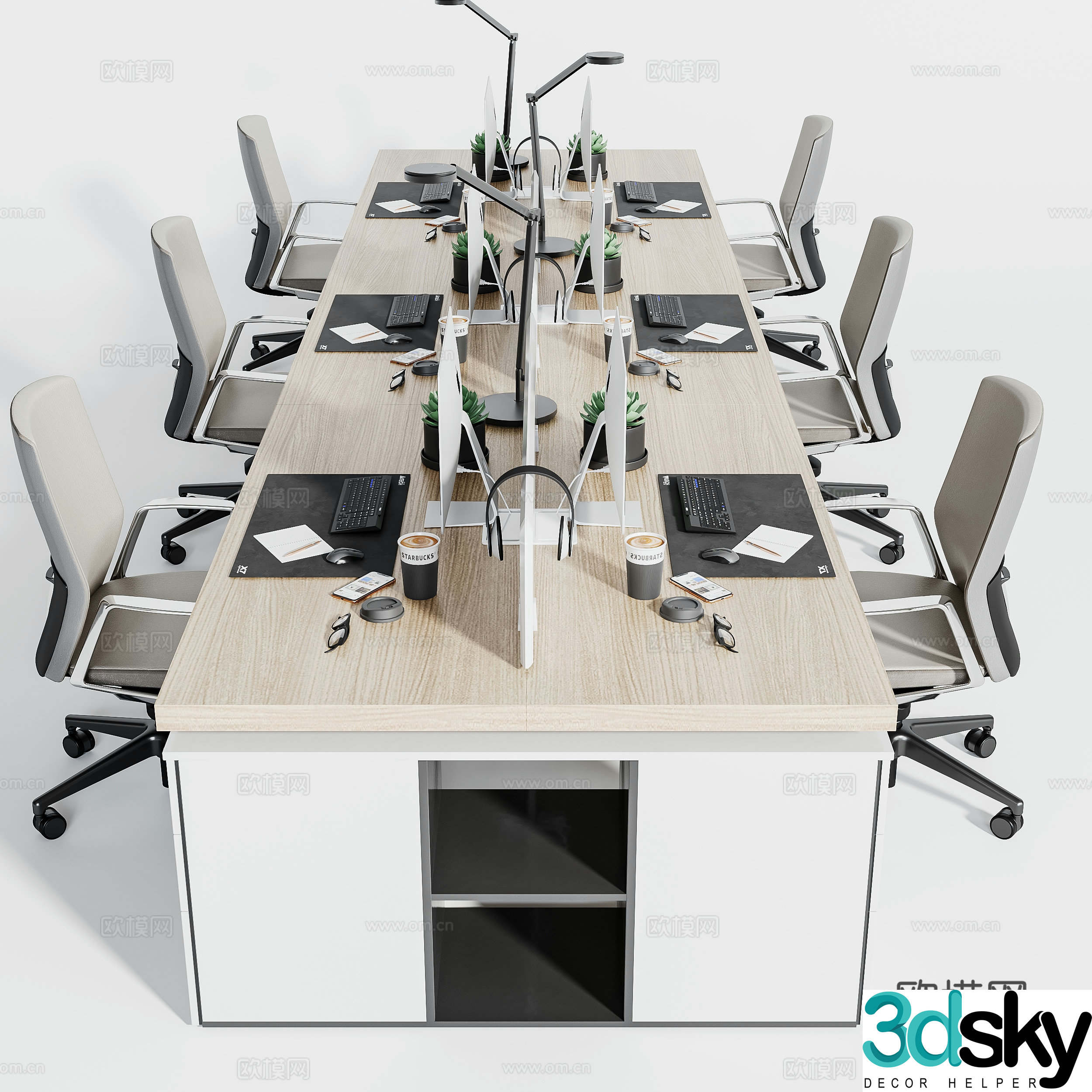 Modern office desk six person office desk 3d model