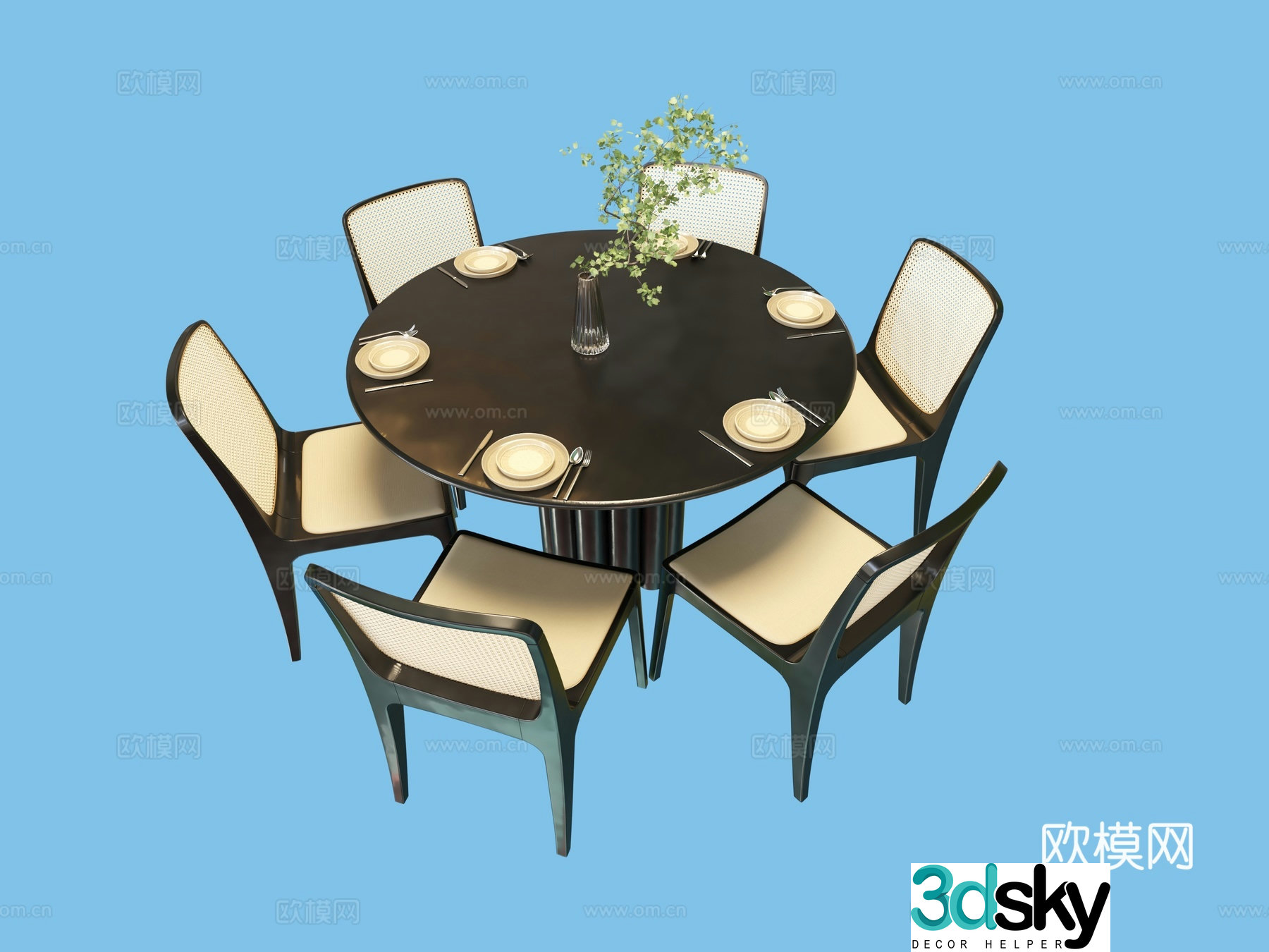 New Chinese style dining table and chairs round dining table 3d model