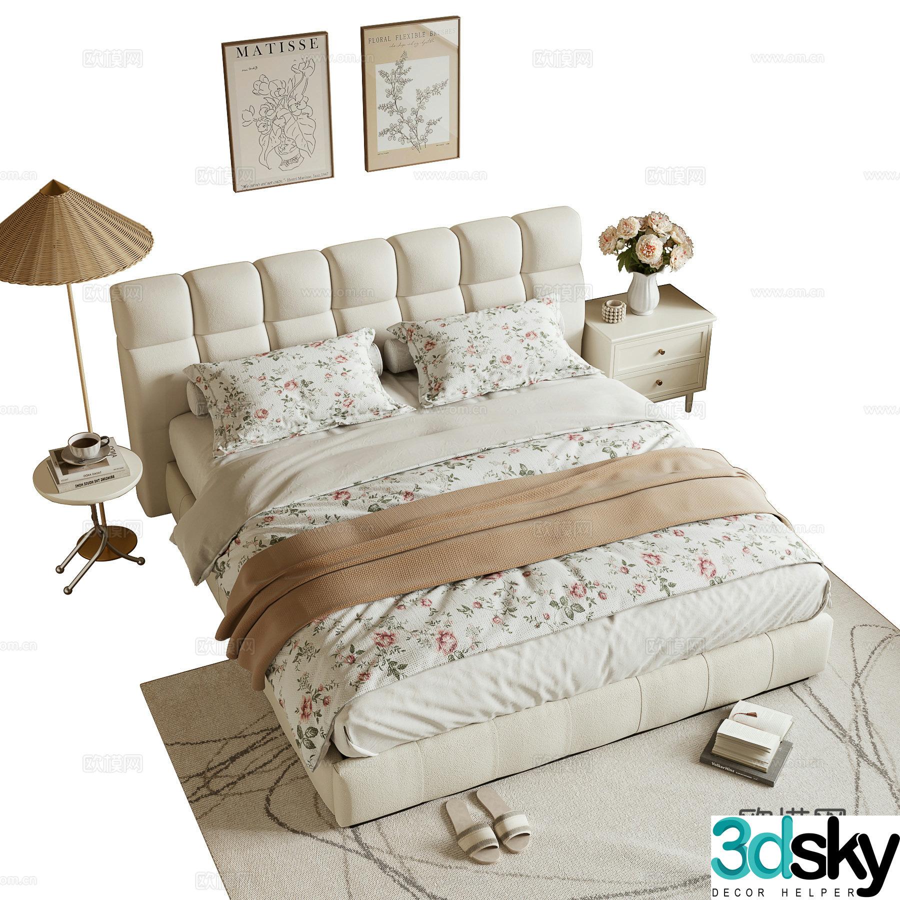 Cream style double bed 3d model